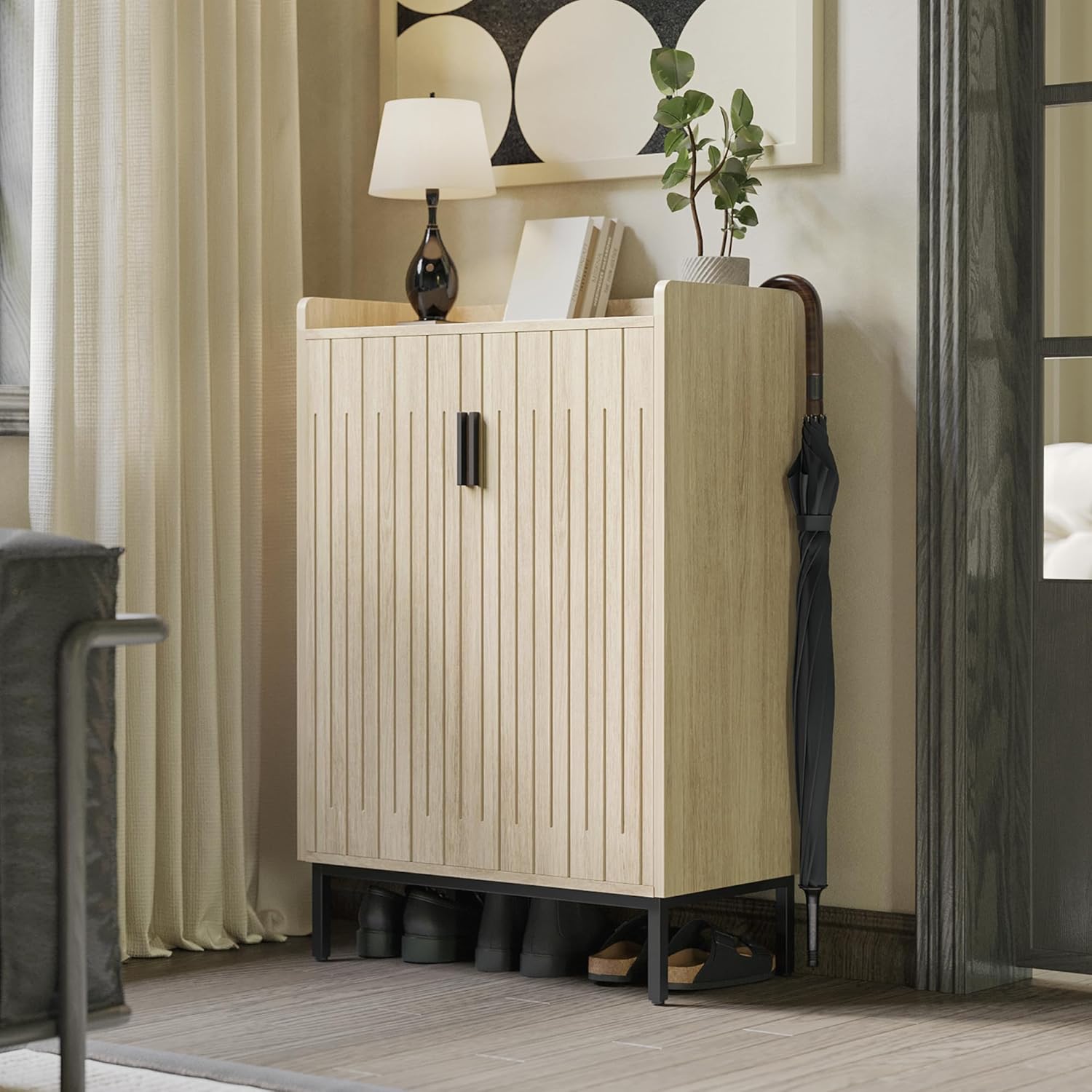 Mericonia Farmhouse Shoe Cabinet with Doors, Modern Large 5-Tier Shoe Storage Cabinet with Adjustable Shelves, Wooden Shoe Organizer for Entryway, Hallway, Closet, Bedroom, Living Room