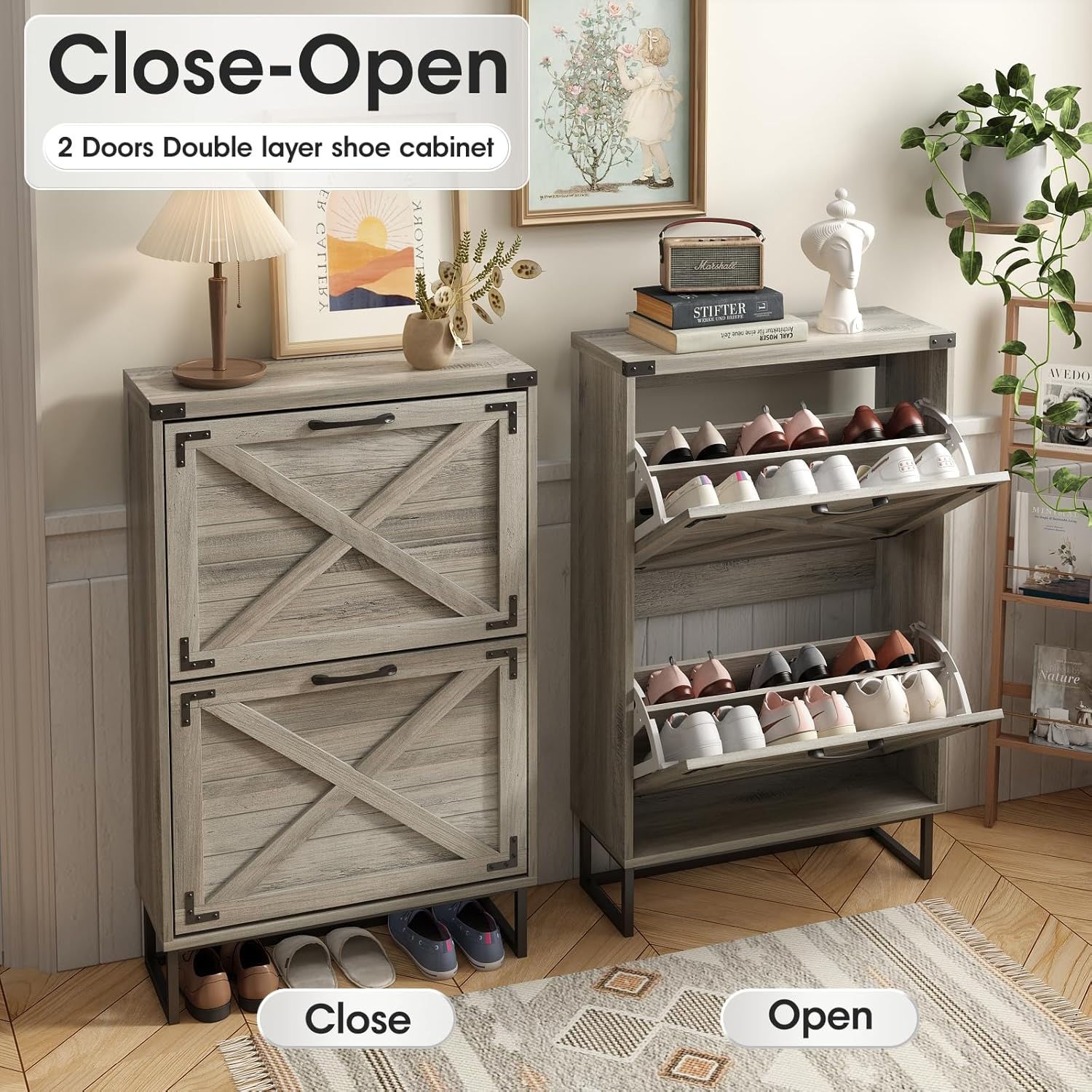 Maupvit 24" W Farmhouse Shoe Cabinet Storage for Entryway, Freestanding Organizer with 2 Flip Drawers, Narrow Shoe Rack Cabinet with Metal Corner Decoration, Washed Gray