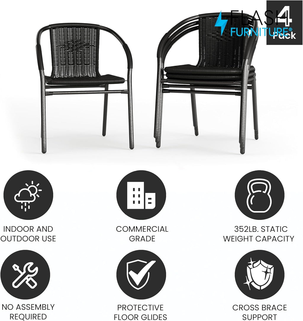 Flash Furniture Lila Modern Rattan Indoor/Outdoor Stackable Dining Chairs, Stacking Rattan Bistro Chairs for Patio or Restaurant, Set of 4, Black