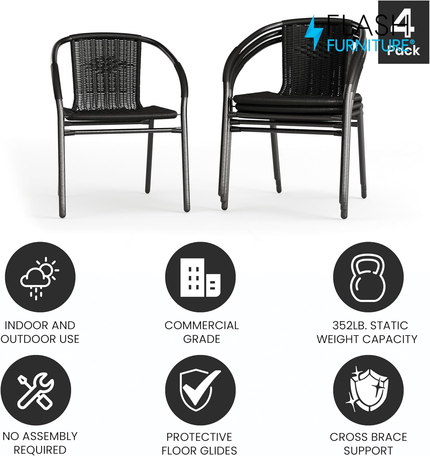 Flash Furniture Lila Modern Rattan Indoor/Outdoor Stackable Dining Chairs, Stacking Rattan Bistro Chairs for Patio or Restaurant, Set of 4, Black