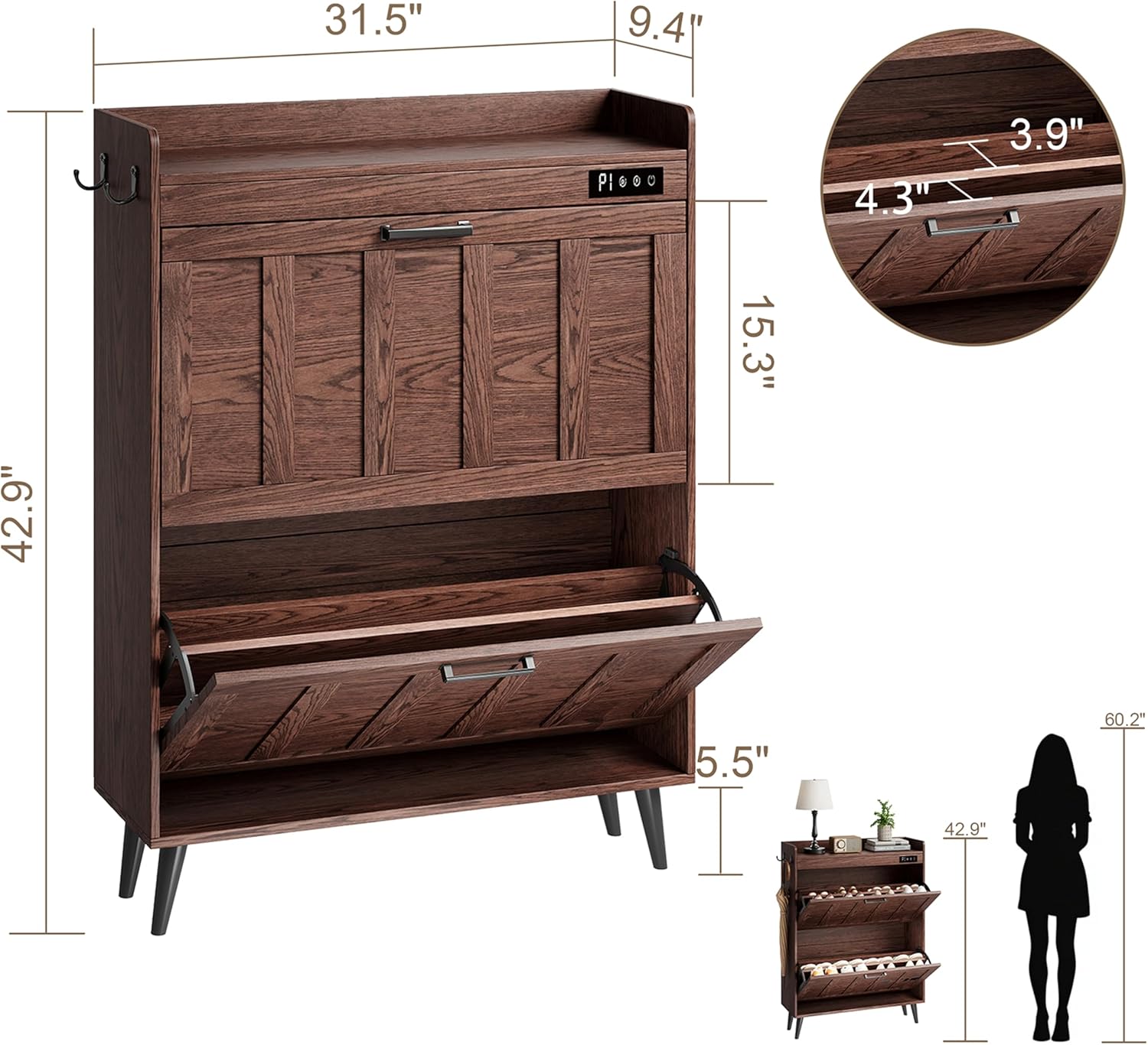 ChooChoo Shoe Storage Cabinet with 2 Flip Drawers, Deodorizing Shoe Organizer Storage for Entryway, Freestanding Hidden Slim Narrow Shoe Rack Cabinet, Walnut