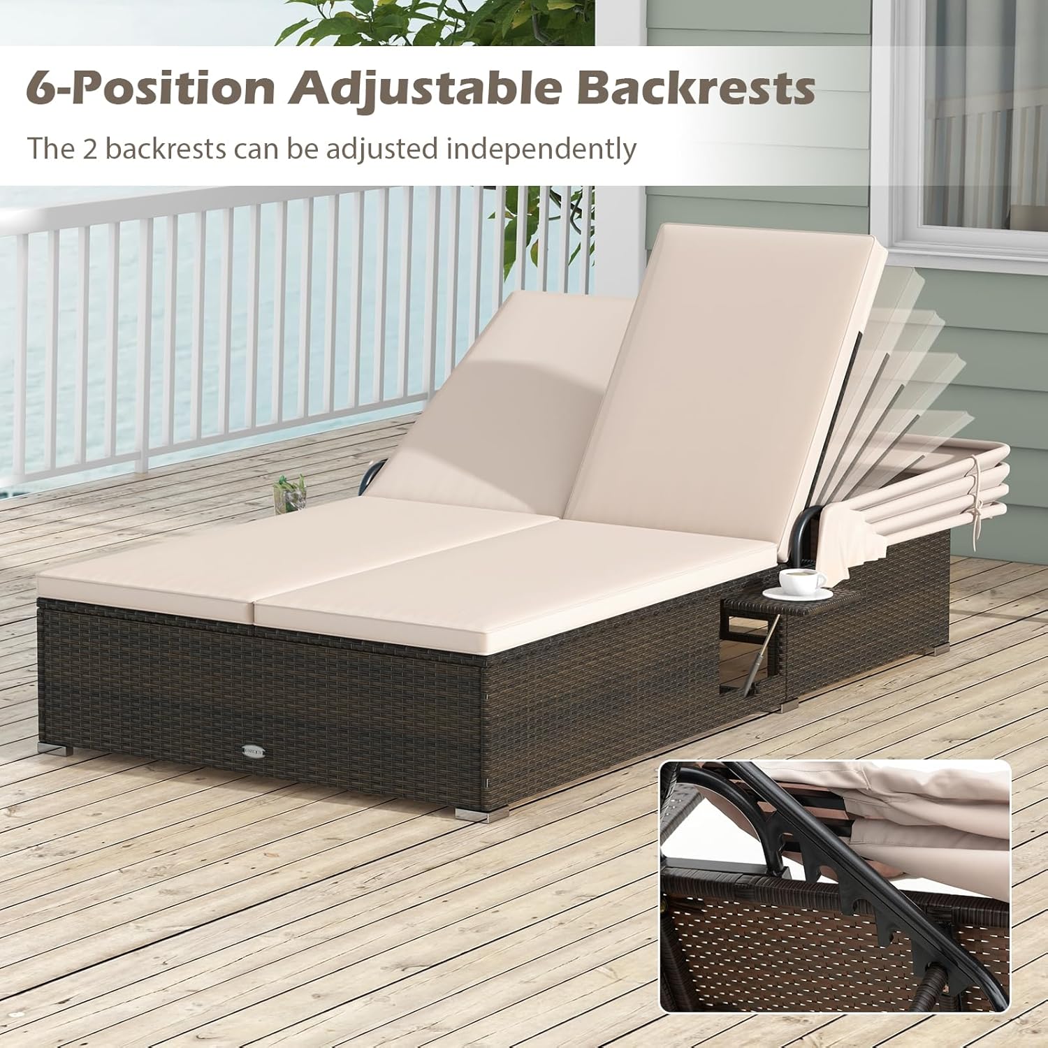 Outdoor Daybed with Canopy, PE Rattan Chaise Lounge with 6-Position Adjustable Backrests, Soft Cushions & Foldable Side Tables, 2-Person Lounge Bed for Outdoor, Backyard, Garden & Poolside