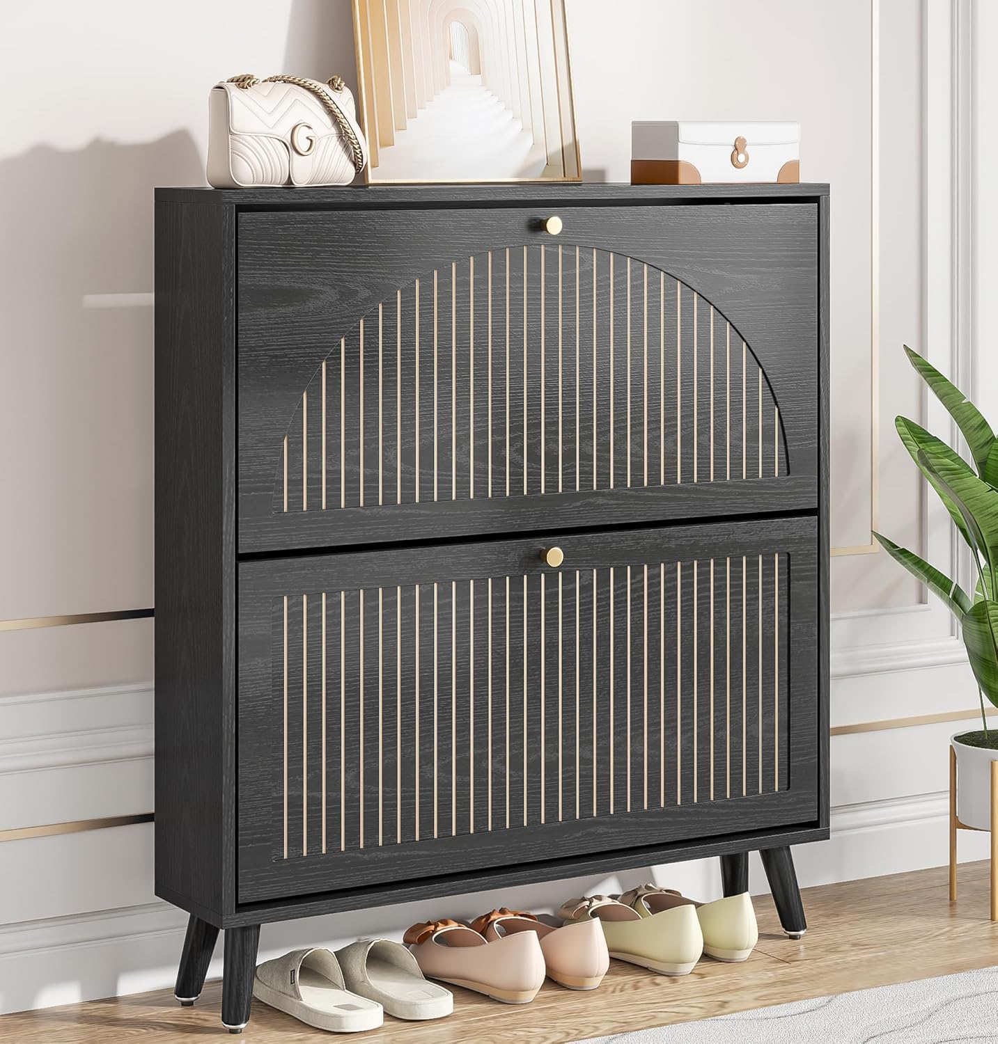 Shoe Storage Cabinet for Entryway with 2 Flip Drawers, Narrow Wood Shoe Cabinet with Fluted Panel, Freestanding Hidden Shoe Organizer for Foyer, Hallway (Walnut)