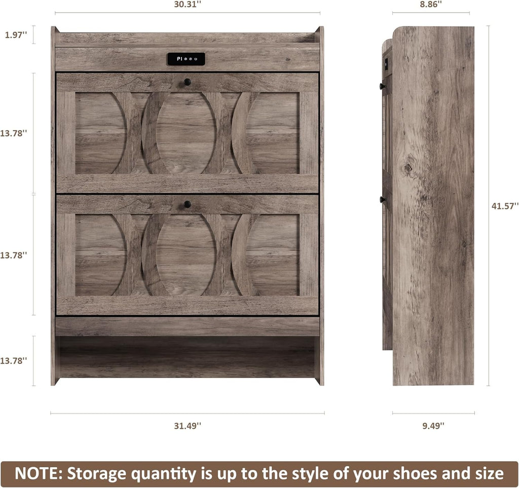 Elevon Deodorizing Shoe Storage Cabinet with 2 Flip Drawers, LED Touchscreen Freestanding Shoe Organizer with Wooden Leg, Narrow Shoe Rack Cabinet for Hallway, Bedroom and Entryway,Gray