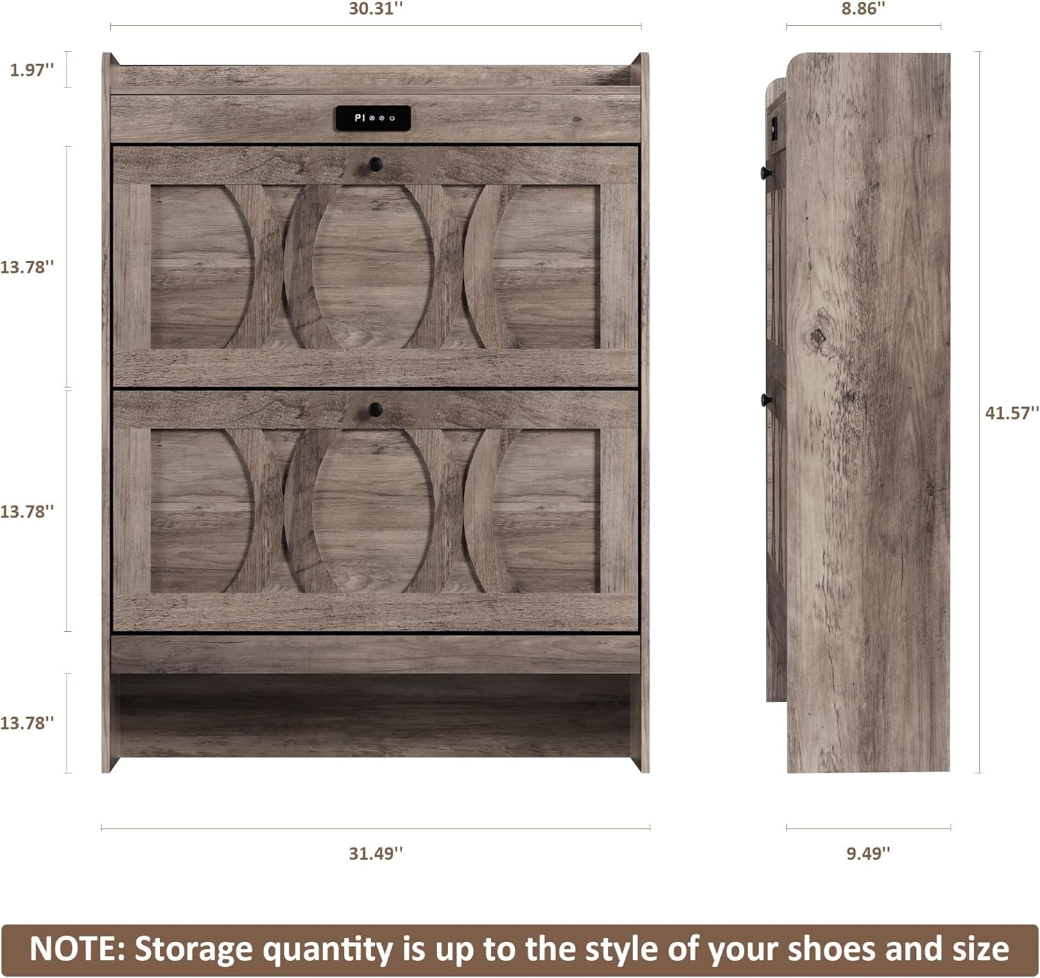 Elevon Deodorizing Shoe Storage Cabinet with 2 Flip Drawers, LED Touchscreen Freestanding Shoe Organizer with Wooden Leg, Narrow Shoe Rack Cabinet for Hallway, Bedroom and Entryway,Gray