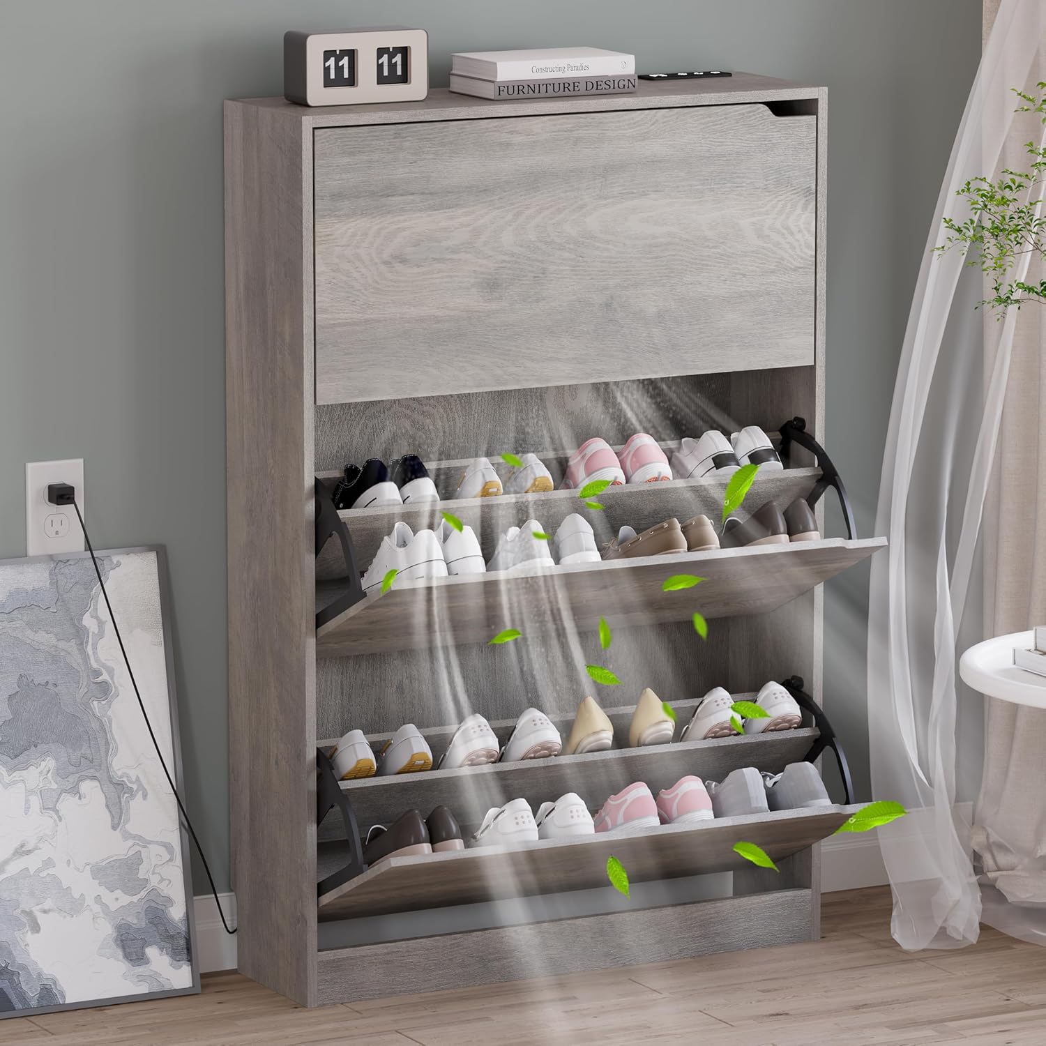 Shoe Cabinet with 4 Flip Drawers, Narrow Hidden Shoe Storage Cabinet, Slim Freestanding Shoe Rack Organizer for Entryway, Hallway, Bedroom, Living Room