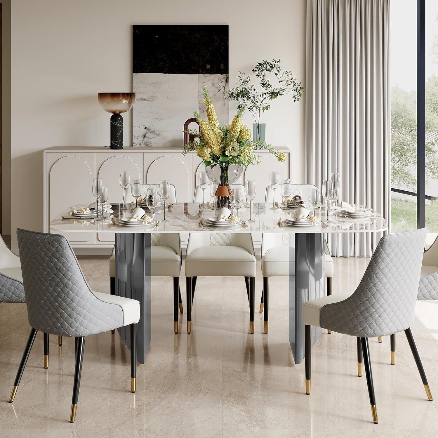 Rectangular Dining Table for 8-10 People, 79 inch Luxury Kitchen Table with Sintered Stone Tabletop and Gold Metal Base, Modern Dining Room Table for Kitchen Living Room (Table Only)