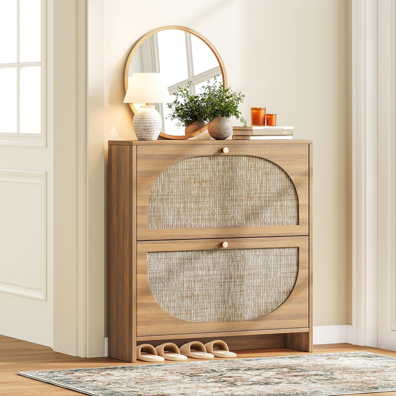 Nicetree Freestanding Ultra Slim Arched Rattan Accent Shoe Storage Cabinet for Entryway - 4 Flip Drawers & 3-Tier Adjustable Shelves, Farmhouse Modern Rustic Shoe Rack for Hallway, Foyer