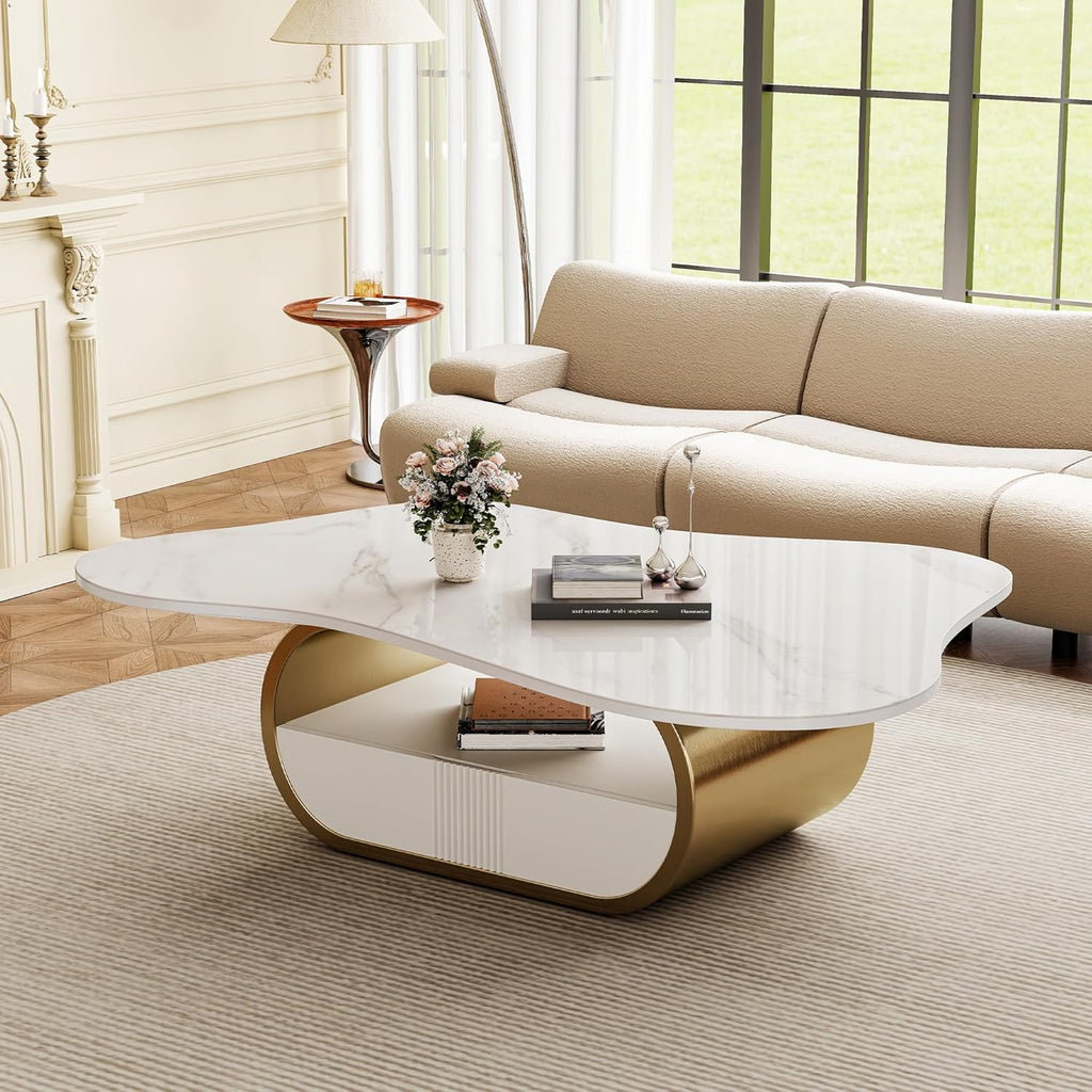 49.2-Inch Modern Oval Faux Marble Coffee Table with Sturdy Gold Metal Base - Luxury Living Room Furniture for Home Decor | Scratch-Resistant & Easy Assembly (Gold)