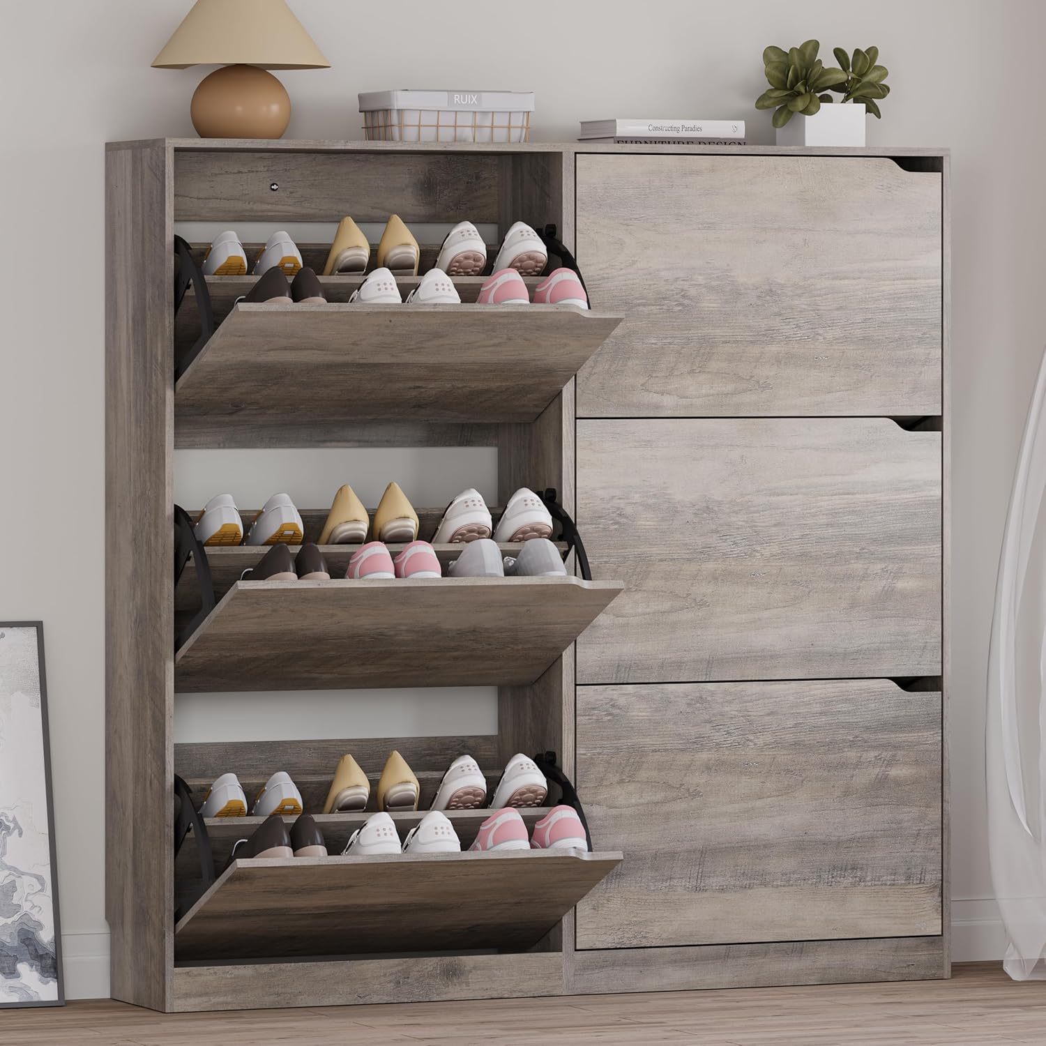 Shoe Cabinet with 4 Flip Drawers, Narrow Hidden Shoe Storage Cabinet, Slim Freestanding Shoe Rack Organizer for Entryway, Hallway, Bedroom, Living Room