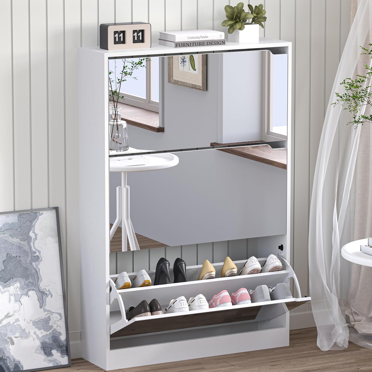 Shoe Cabinet with 4 Flip Drawers, Narrow Hidden Shoe Storage Cabinet, Slim Freestanding Shoe Rack Organizer for Entryway, Hallway, Bedroom, Living Room