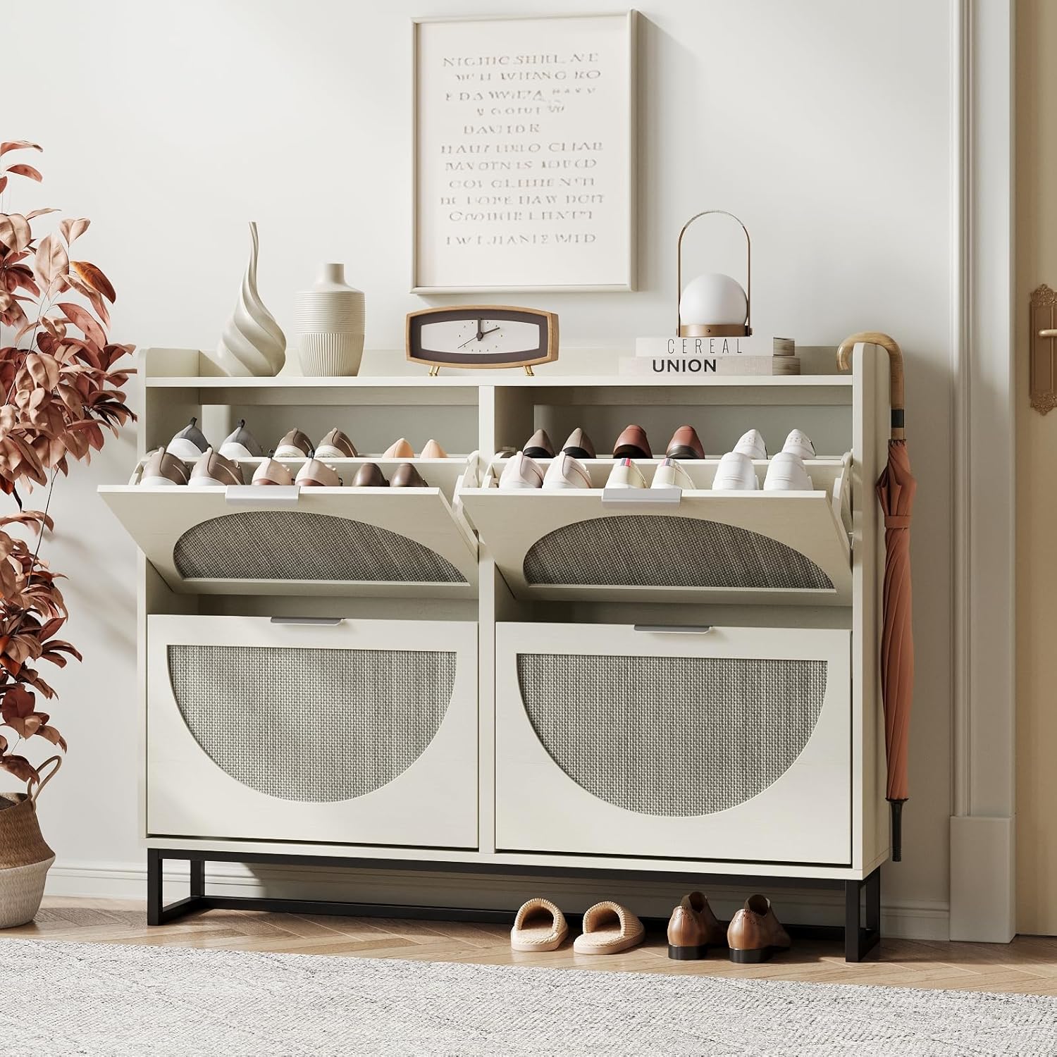 Maupvit Rattan Shoe Storage Cabinet with 2 Flip Drawers, Freestanding Shoe Organizer with Metal Legs for Entryway, Hidden Golden Handles, Narrow Shoe Rack Cabinet, Rustic Oak Rattan