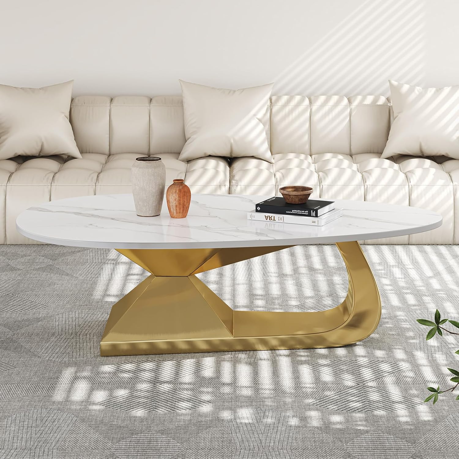 49.2-Inch Modern Oval Faux Marble Coffee Table with Sturdy Gold Metal Base - Luxury Living Room Furniture for Home Decor | Scratch-Resistant & Easy Assembly (Gold)