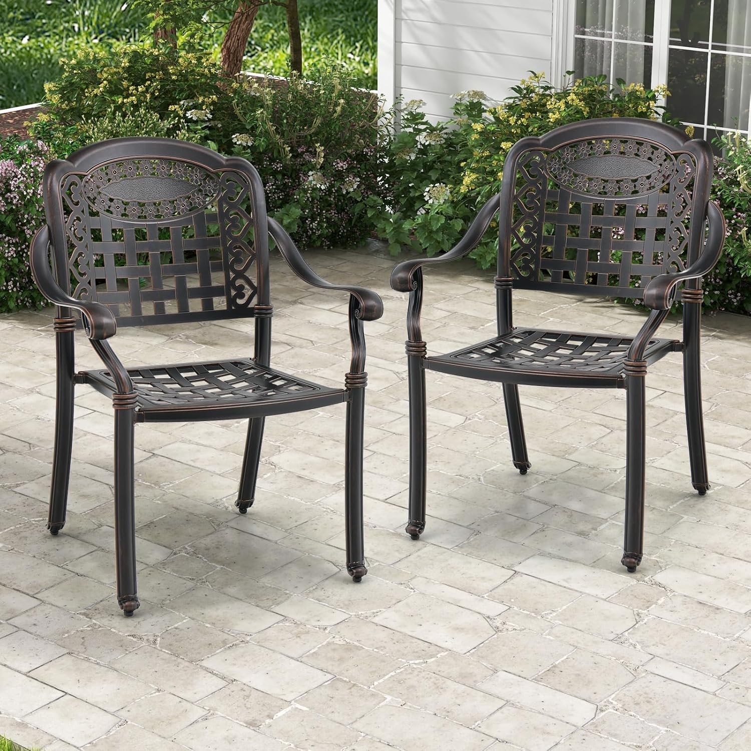 Tangkula Set of 2 Cast Aluminum Patio Dining Chairs, Stackable Outdoor Dining Chairs with Armrests, Outdoor Bistro Chairs for Balcony, Backyard, Garden