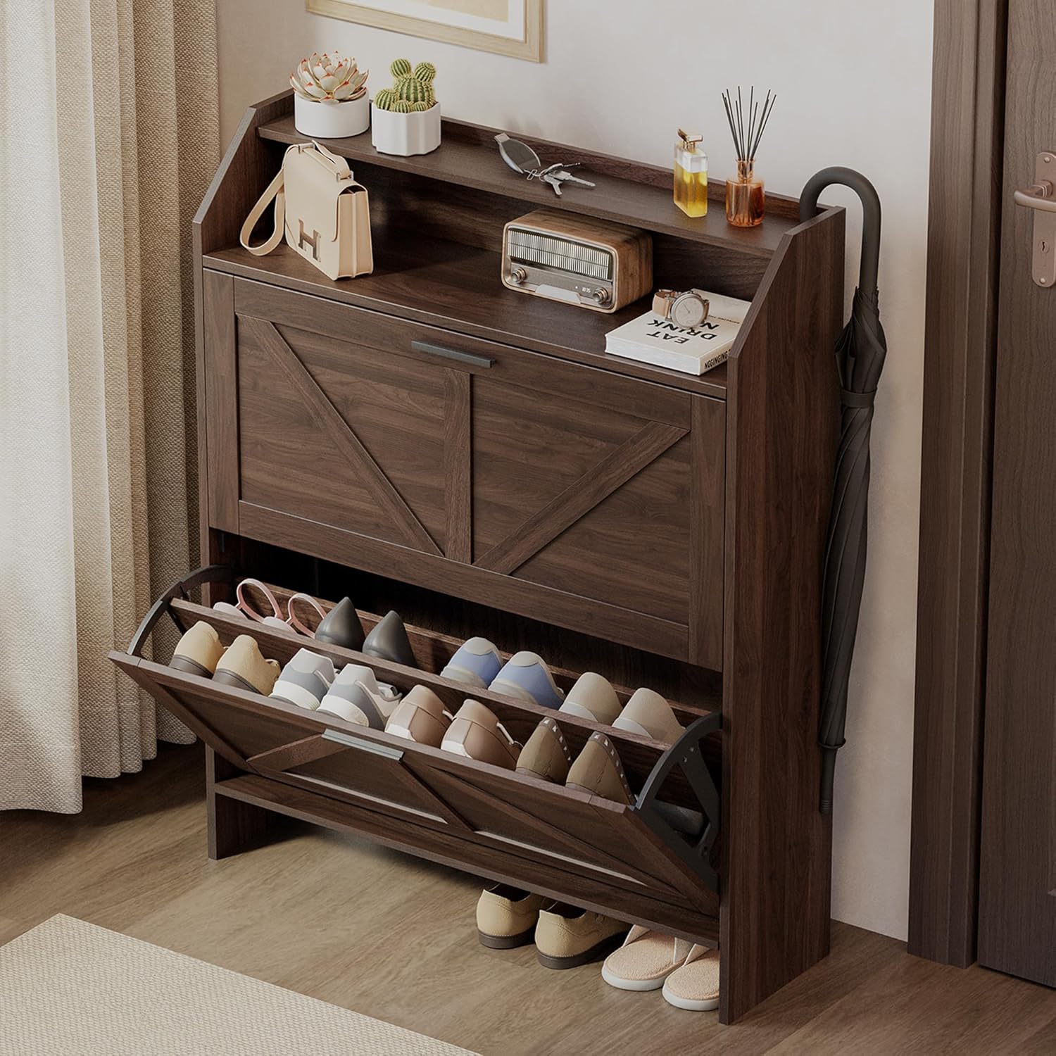 Mericonia Farmhouse Shoe Cabinet with Doors, Modern Large 5-Tier Shoe Storage Cabinet with Adjustable Shelves, Wooden Shoe Organizer for Entryway, Hallway, Closet, Bedroom, Living Room