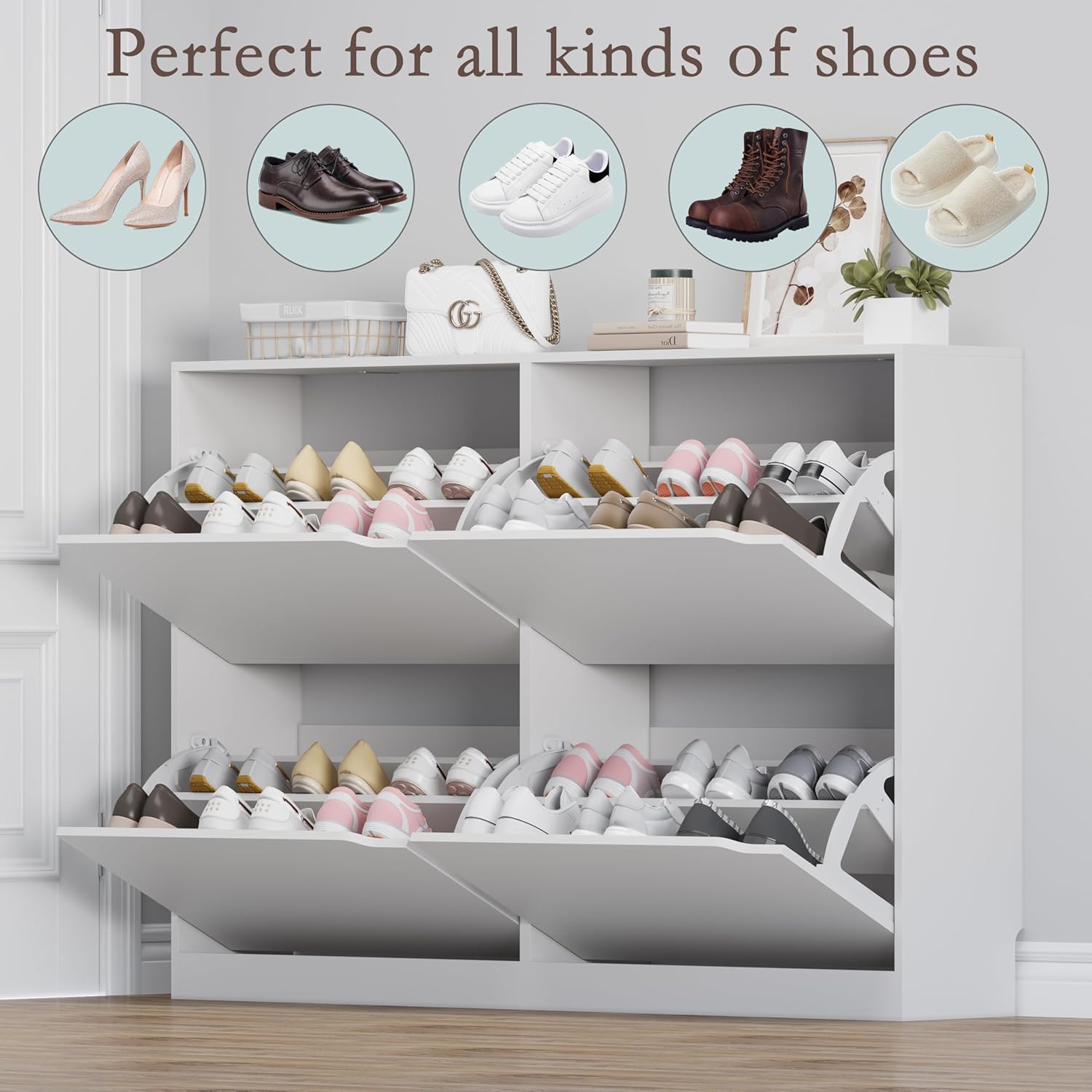 Shoe Cabinet with 4 Flip Drawers, Narrow Hidden Shoe Storage Cabinet, Slim Freestanding Shoe Rack Organizer for Entryway, Hallway, Bedroom, Living Room