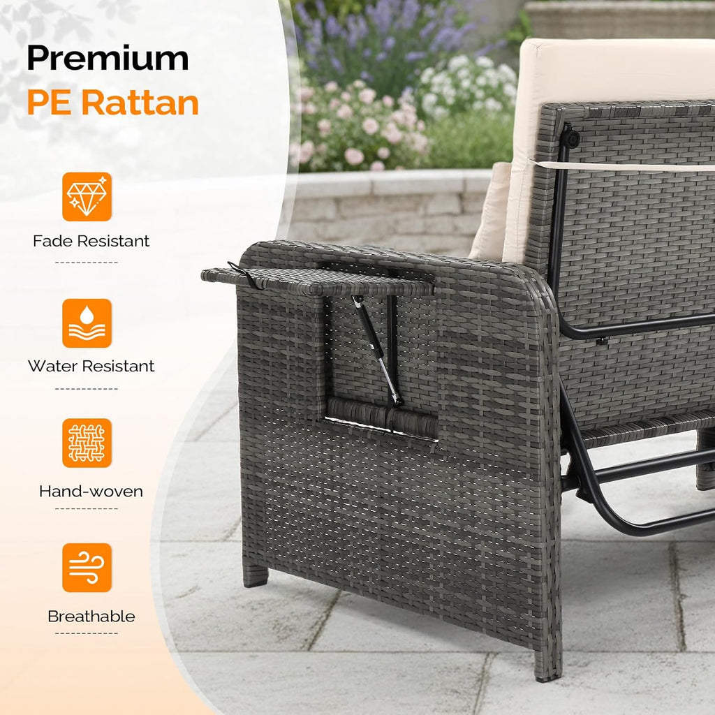 VINGLI Patio Daybed, Wicker Outdoor Daybed with Storage Ottoman & 5-Level Adjustable Backrest, All-Weather Rattan Cushioned Patio Loveseat Sofa for Garden Balcony Backyard (Beige, Gray)