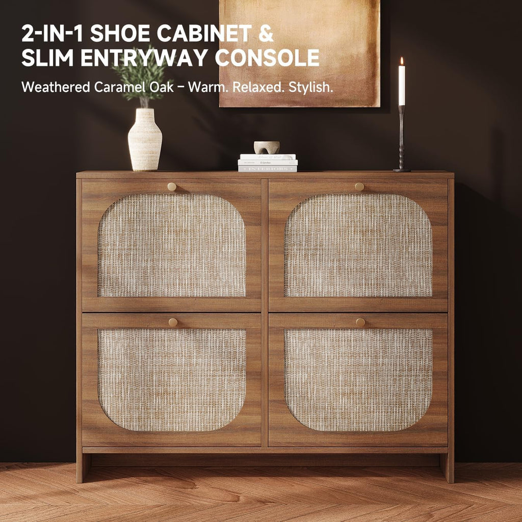 Nicetree Freestanding Ultra Slim Arched Rattan Accent Shoe Storage Cabinet for Entryway - 4 Flip Drawers & 3-Tier Adjustable Shelves, Farmhouse Modern Rustic Shoe Rack for Hallway, Foyer