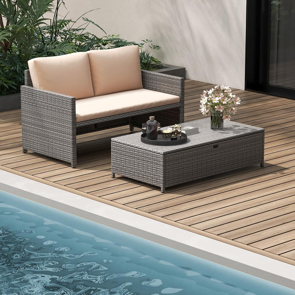 Tangkula Outdoor Rattan Daybed, Wicker Loveseat & 31 Gallon Storage Ottoman w/Soft Cushions, Space-Saving 2-Person Sun Lounger Daybed for Backyard, Porch (Beige)