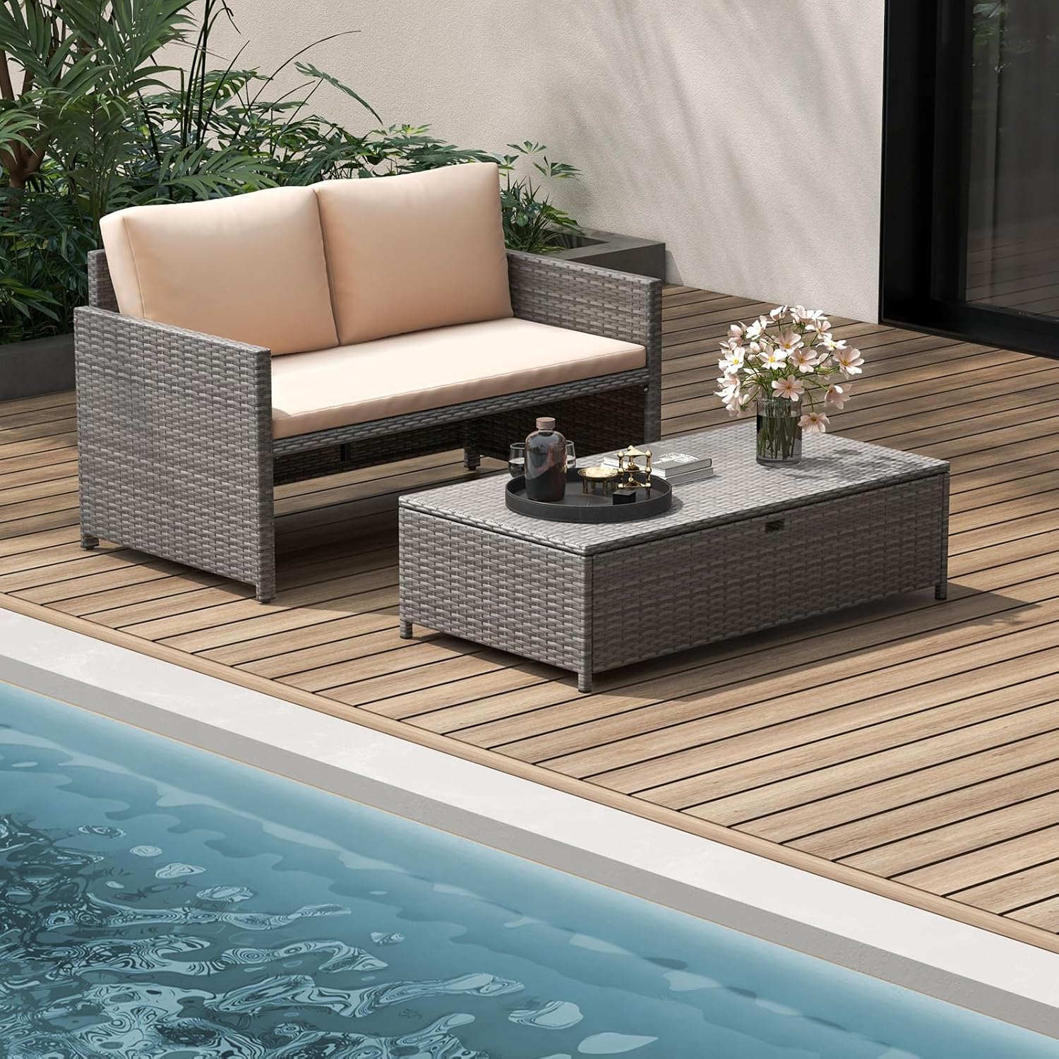 Tangkula Outdoor Rattan Daybed, Wicker Loveseat & 31 Gallon Storage Ottoman w/Soft Cushions, Space-Saving 2-Person Sun Lounger Daybed for Backyard, Porch (Beige)