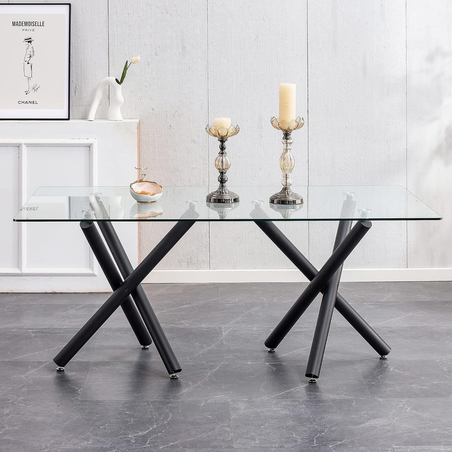 71”Faux Marble Dining Table, Dining Room Table for 6-8, Gold Kitchen Table,0.4 Thickened Marble Pattern Tempered Glass Top with Golden Rectangular Base