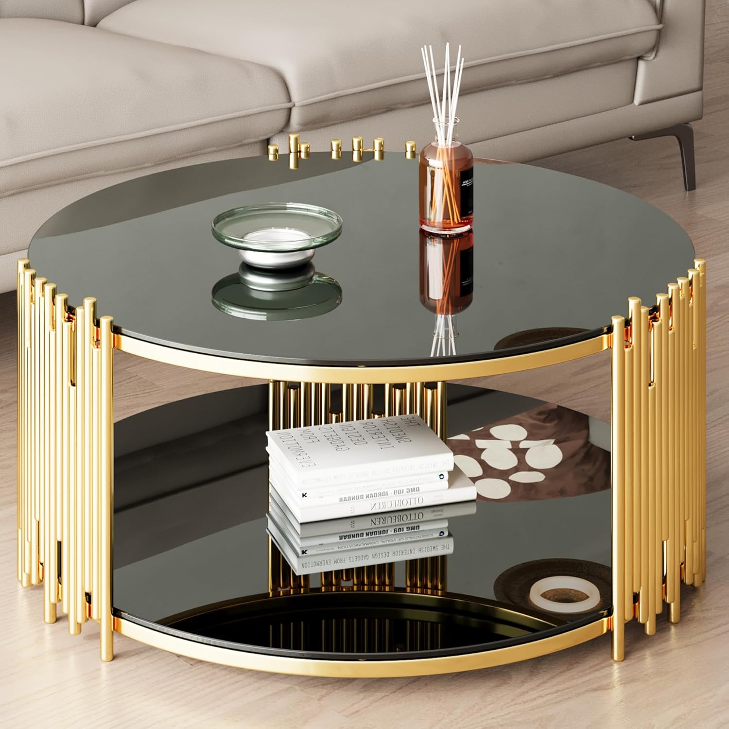 Modern Round Coffee Table, Luxury Black Gold Glass Coffee Table, 36" Center Table Living Room Table, Gold Stainless Steel Irregular Leg, Double-Layer Structure, Black Glass Desktop
