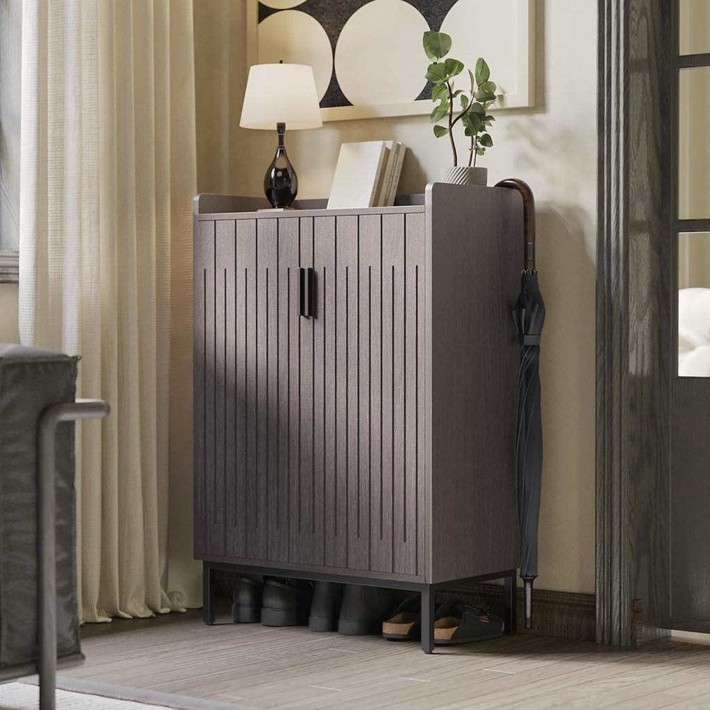 Mericonia Farmhouse Shoe Cabinet with Doors, Modern Large 5-Tier Shoe Storage Cabinet with Adjustable Shelves, Wooden Shoe Organizer for Entryway, Hallway, Closet, Bedroom, Living Room