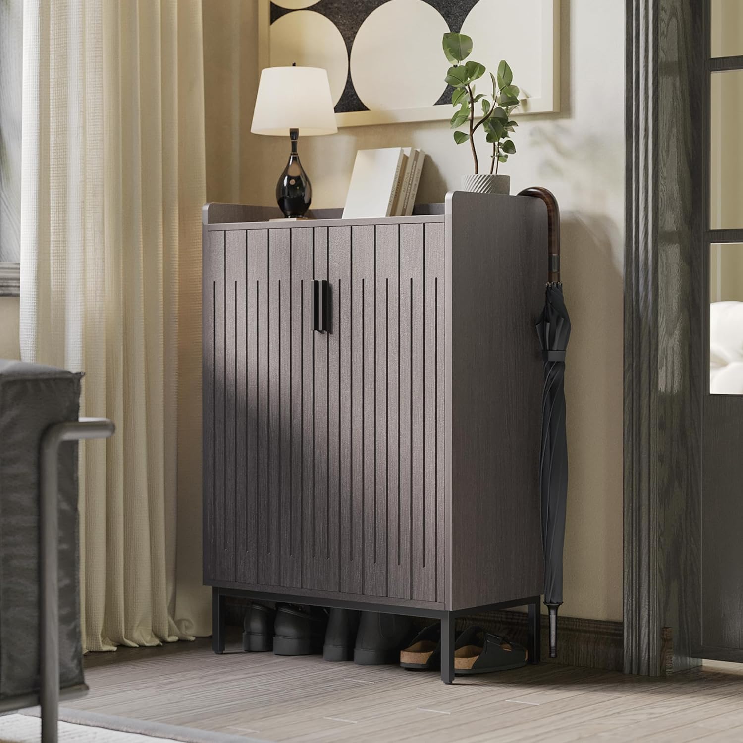 Mericonia Farmhouse Shoe Cabinet with Doors, Modern Large 5-Tier Shoe Storage Cabinet with Adjustable Shelves, Wooden Shoe Organizer for Entryway, Hallway, Closet, Bedroom, Living Room