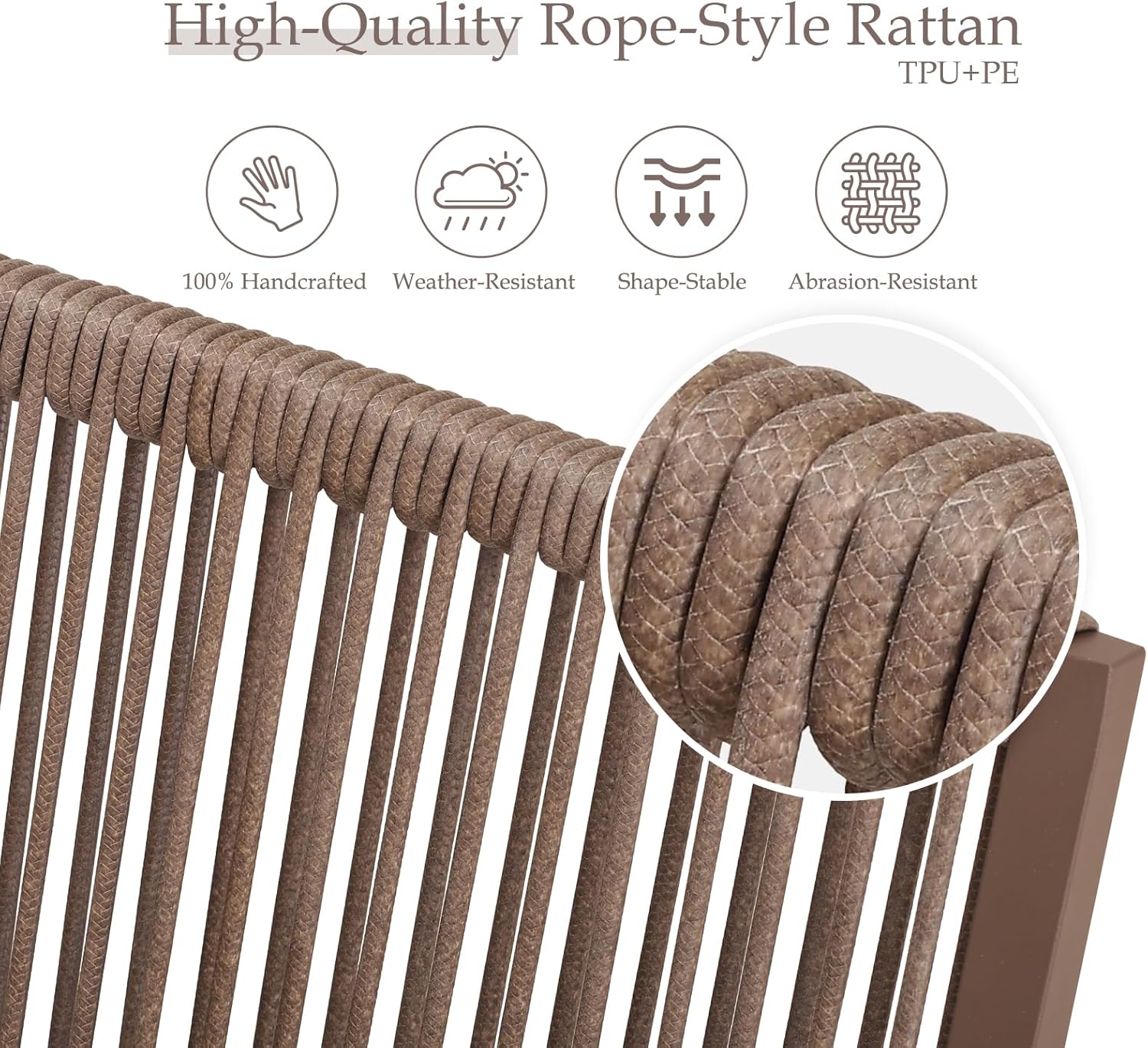 Aluminum Outdoor Patio Dining Chairs - Imitation Rope Vine Chair Ergonomic Backrest Design Detachable Seat Cushion Soft and Breathable Garden Porch, Light Brown Set of 2