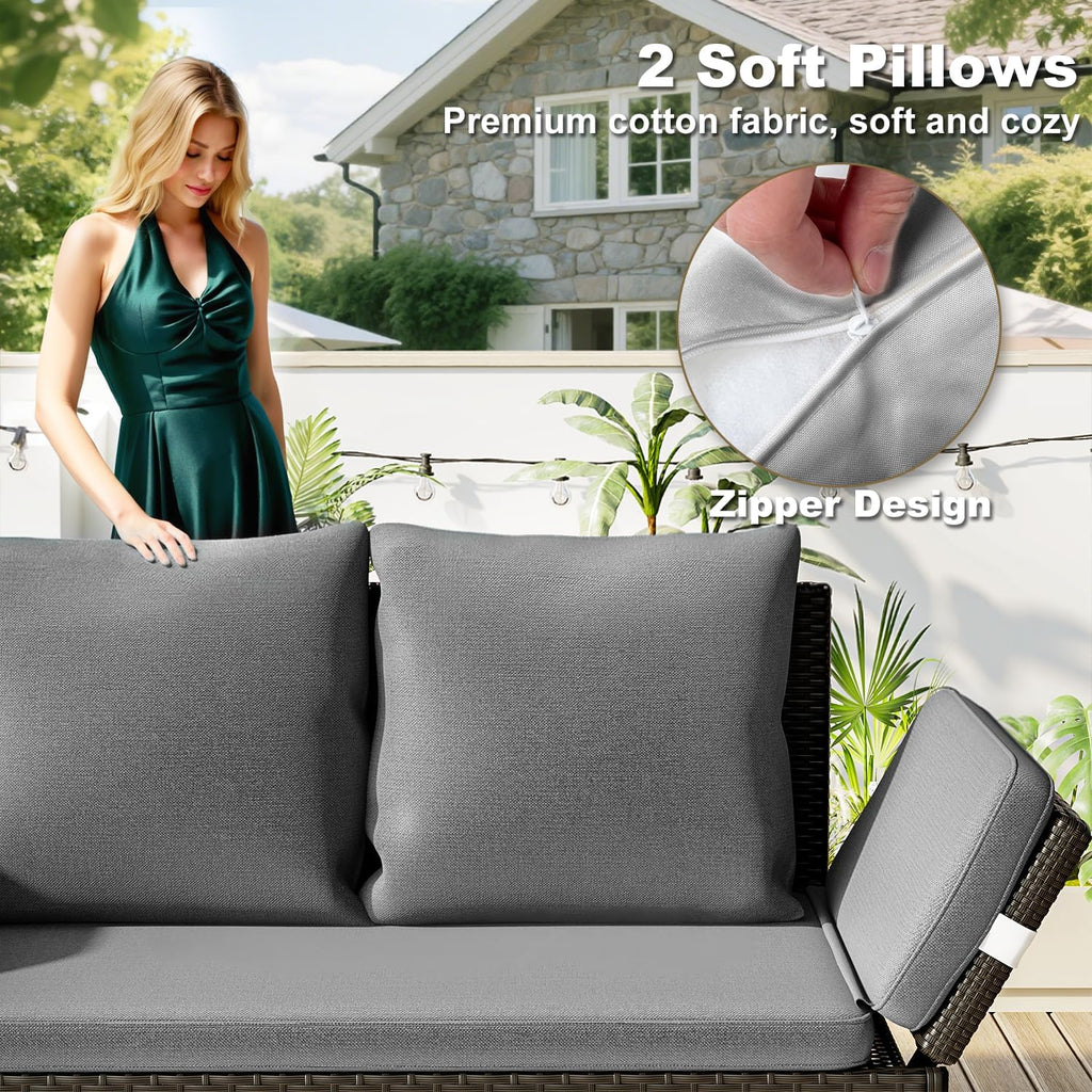 TAVATA Outdoor Convertible Sofa, PE Woven Rattan Patio Loveseat with Adjustable Armrests & Removable Cushions, Outdoor Daybed or Balcony Couch with 2 Pillows for Patio, Porch, Poolside (Grey)