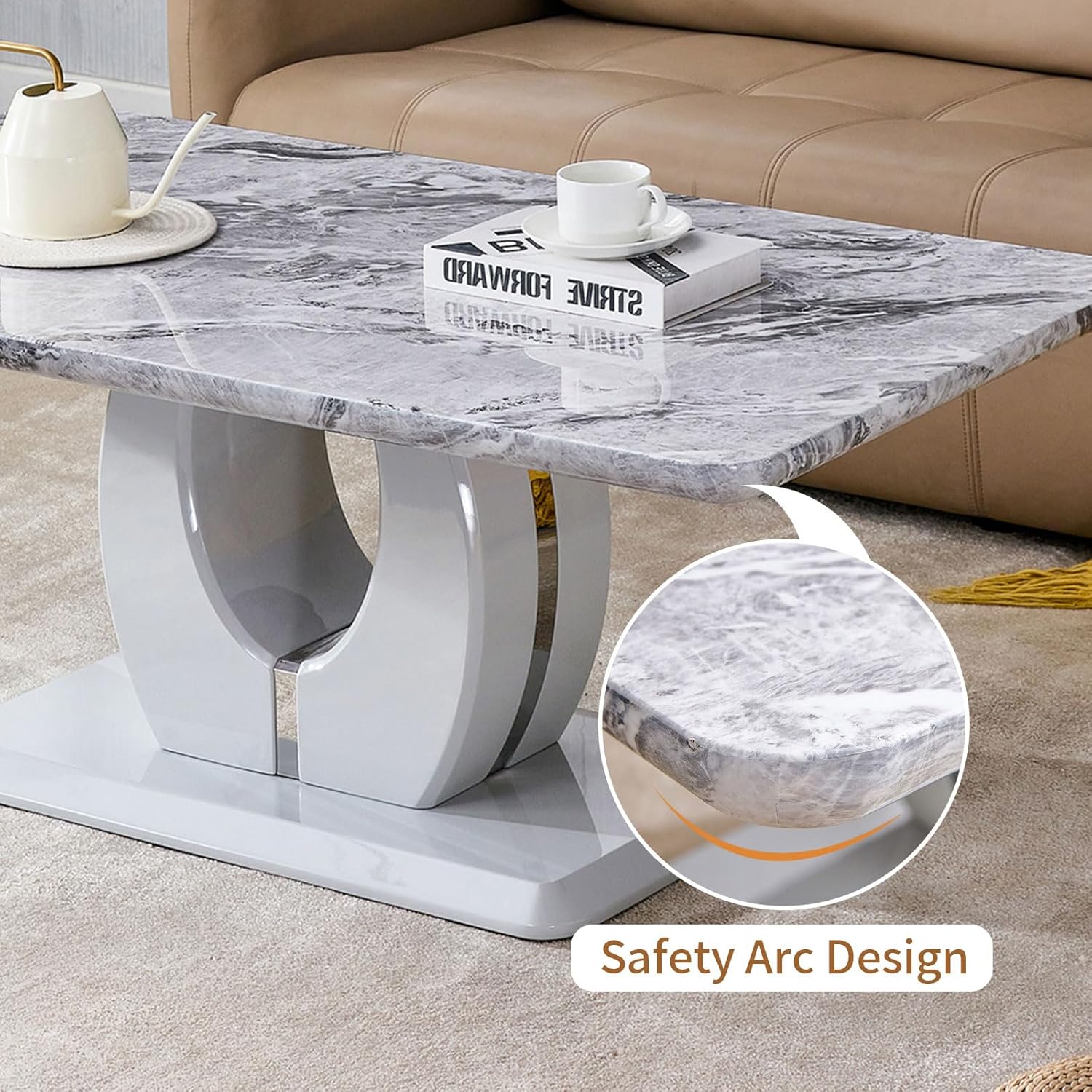 Marble Coffee Table for Living Room, Modern Luxury Rectangle Coffee Table with Storage, Tea Tables for Small Space Office Apartment (43" L×22.4''W×18''H-Grey)