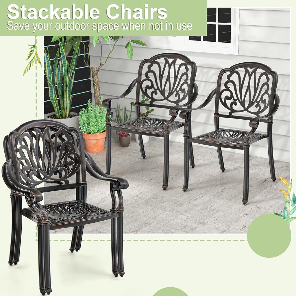 Tangkula Set of 4 Cast Aluminum Patio Dining Chairs, Stackable Outdoor Dining Chairs with Armrests, Outdoor Bistro Chairs for Balcony, Backyard, Garden, Bronze