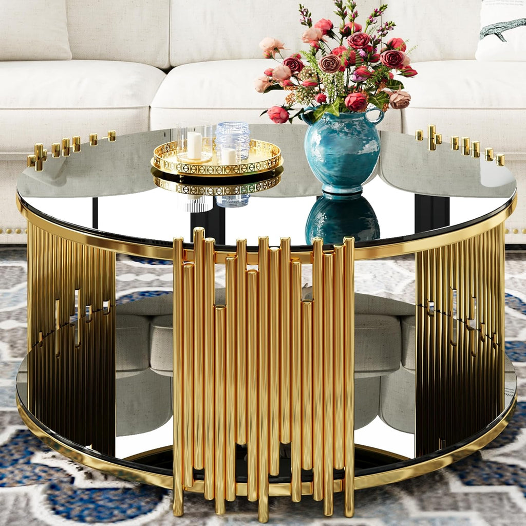 Modern Round Coffee Table, Luxury Black Gold Glass Coffee Table, 36" Center Table Living Room Table, Gold Stainless Steel Irregular Leg, Double-Layer Structure, Black Glass Desktop