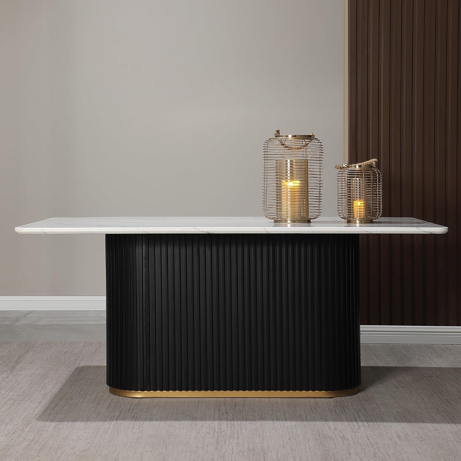 Morden Fort Modern Dining Table for 6, 70" Faux Marble Dining Table with Black Fluted Base and White Rectangle Top for Ktichen, Reception and Conference