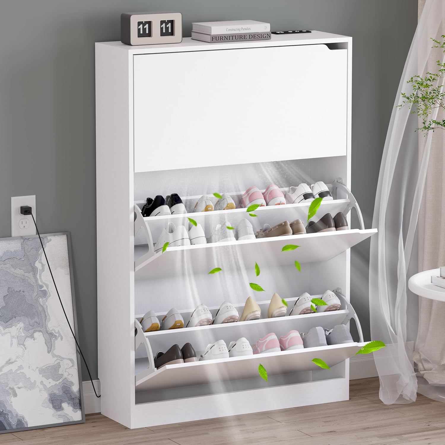 Shoe Cabinet with 4 Flip Drawers, Narrow Hidden Shoe Storage Cabinet, Slim Freestanding Shoe Rack Organizer for Entryway, Hallway, Bedroom, Living Room