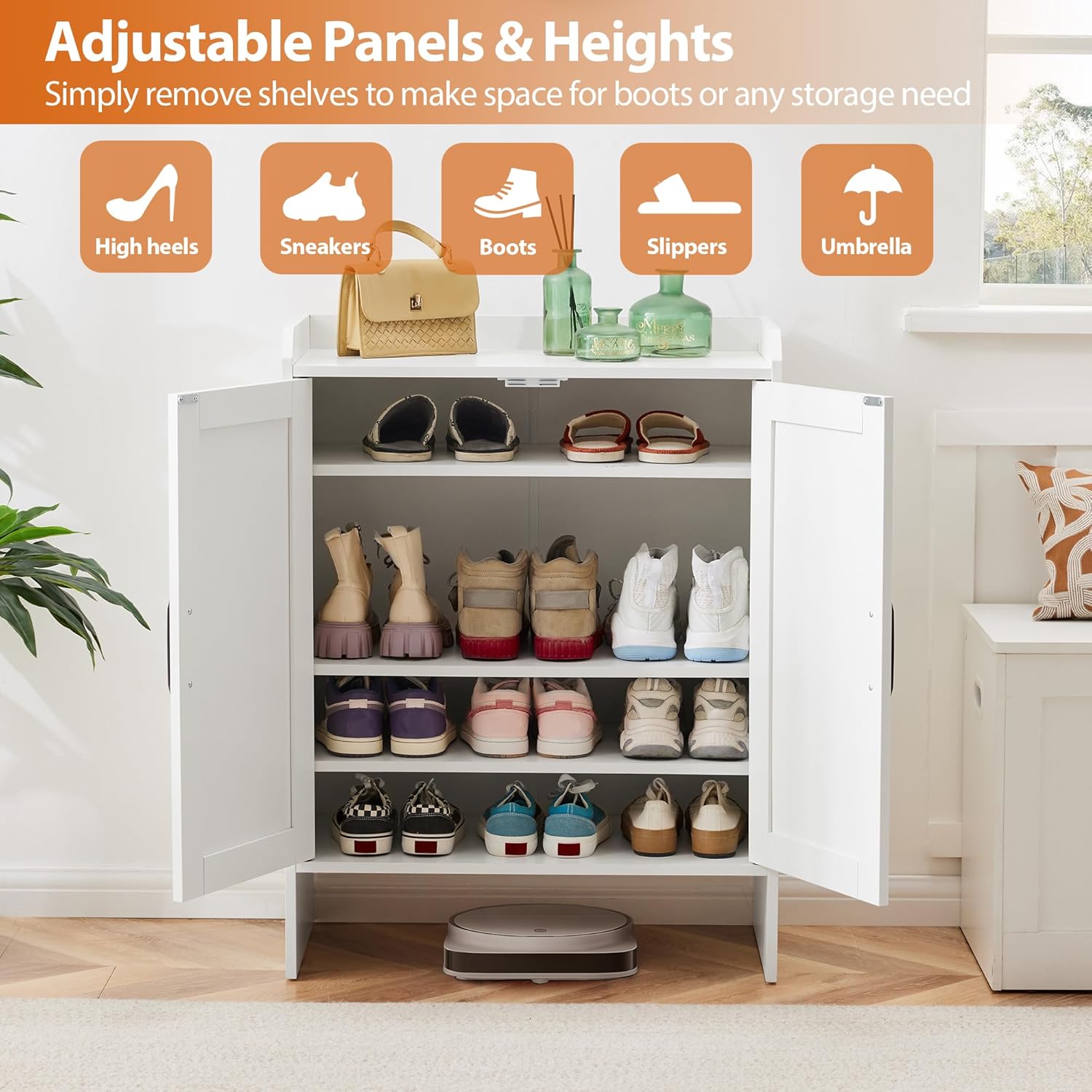 Mericonia Farmhouse Shoe Cabinet with Doors, Modern Large 5-Tier Shoe Storage Cabinet with Adjustable Shelves, Wooden Shoe Organizer for Entryway, Hallway, Closet, Bedroom, Living Room