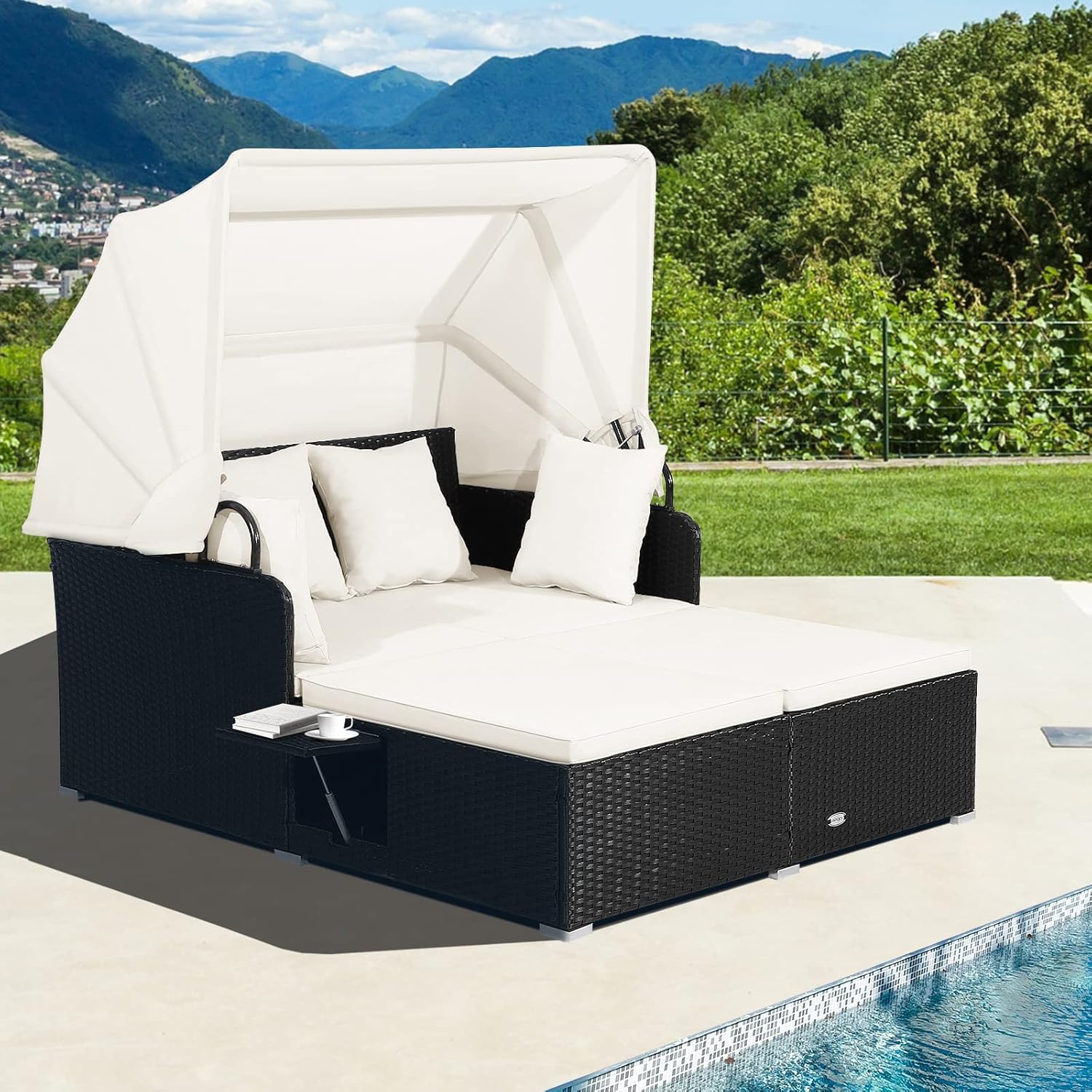 Tangkula Patio Rattan Daybed, Patiojoy Wicker Daybed Lounger w/Retractable Canopy, 2 Foldable Side Panels, Thick Seat & Back Cushions, for Garden, Backyard, Porch (Off White)