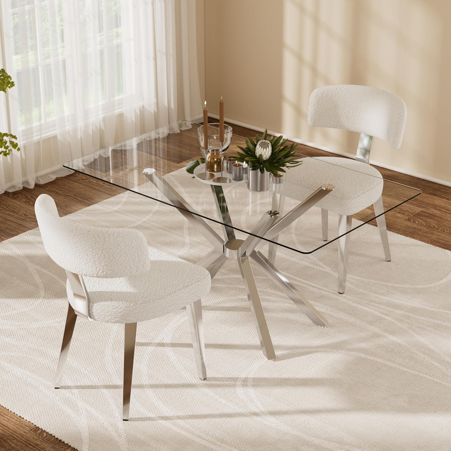 Luxury Modern Dining Set, 47" Glass Table with 4 Boucle Dining Chairs, Kitchen Table with Stable Metal Legs(All Black)