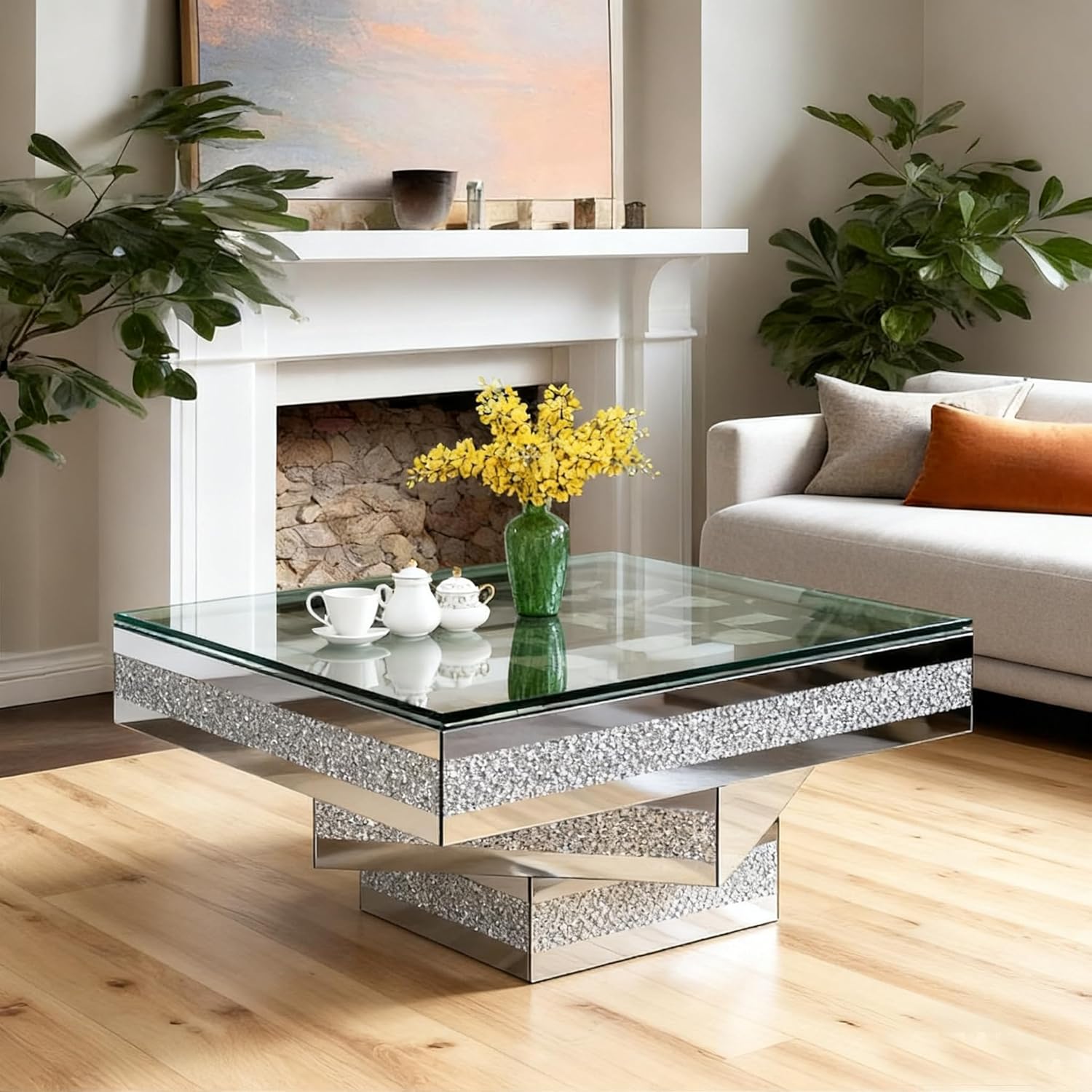 Silver Mirrored Coffee Table 31.5" Square Center Table with Sparkling Crystal Base Modern Luxury Mirrored Coffee Cocktail Tables with Diamond Glass Finish for Living Room Bedroom