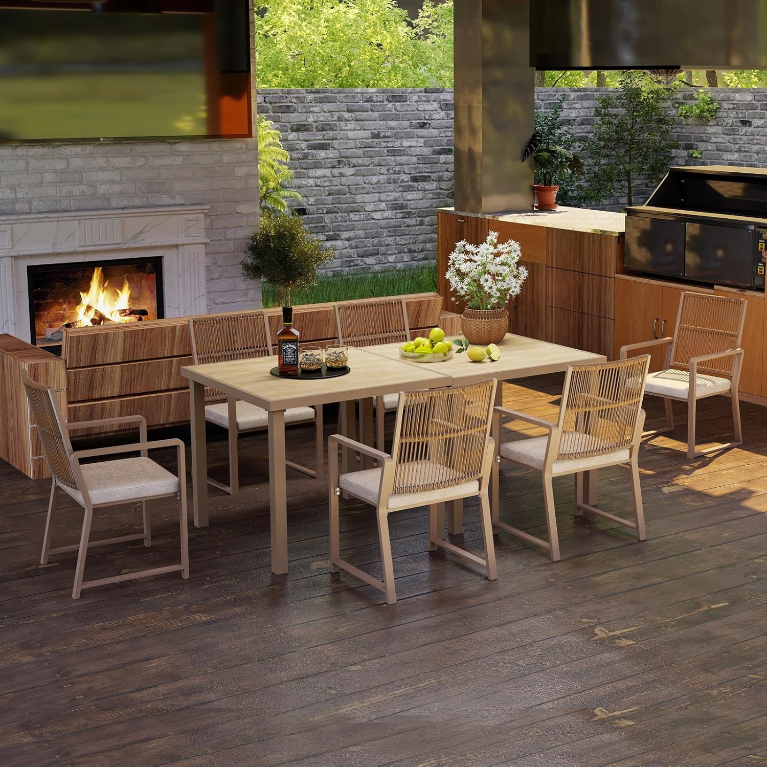 Aluminum Outdoor Patio Dining Chairs - Imitation Rope Vine Chair Ergonomic Backrest Design Detachable Seat Cushion Soft and Breathable Garden Porch, Light Brown Set of 2