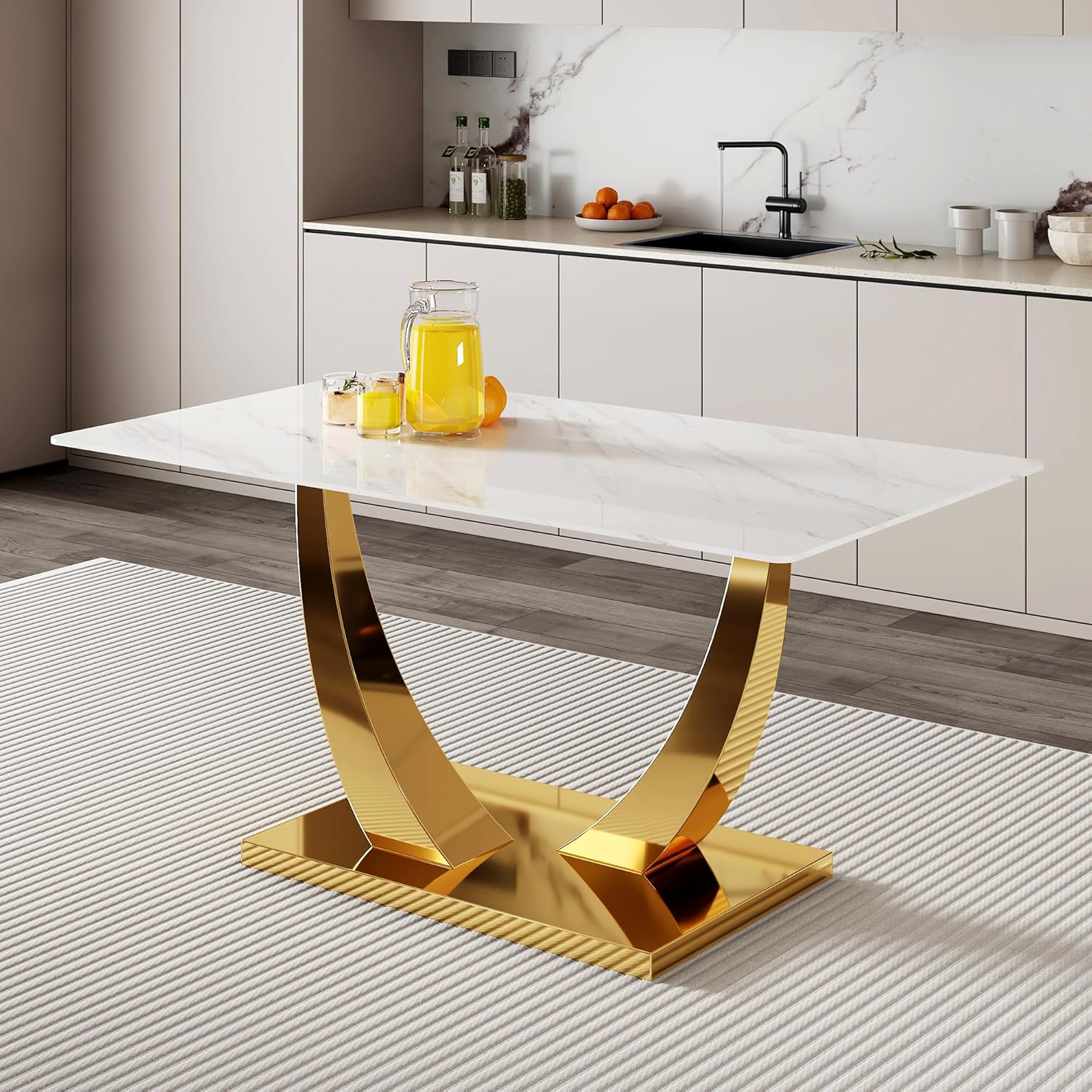 71”Faux Marble Dining Table, Dining Room Table for 6-8, Gold Kitchen Table,0.4 Thickened Marble Pattern Tempered Glass Top with Golden Rectangular Base