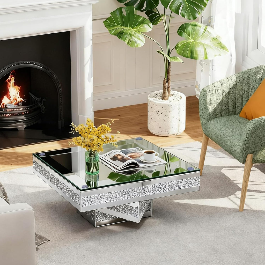 Silver Mirrored Coffee Table 31.5" Square Center Table with Sparkling Crystal Base Modern Luxury Mirrored Coffee Cocktail Tables with Diamond Glass Finish for Living Room Bedroom
