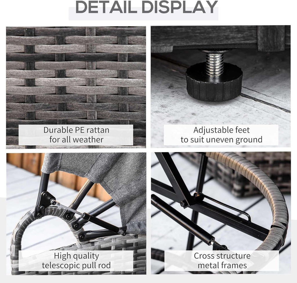 Outsunny 4 Piece Round Rattan Daybed, Convertible Patio Furniture Set, Adjustable Sun Canopy, Sectional Outdoor Sofa, 2 Chairs, Extending Tea Table Ottoman Chair, 3 Pillows, Gray