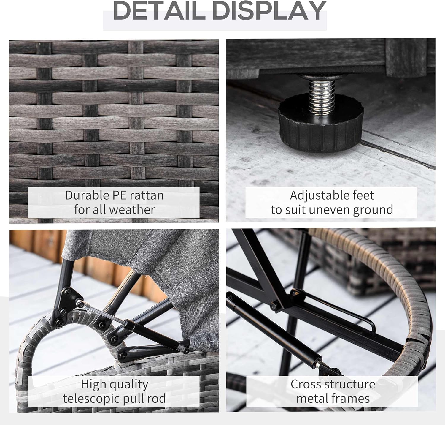 Outsunny 4 Piece Round Rattan Daybed, Convertible Patio Furniture Set, Adjustable Sun Canopy, Sectional Outdoor Sofa, 2 Chairs, Extending Tea Table Ottoman Chair, 3 Pillows, Gray