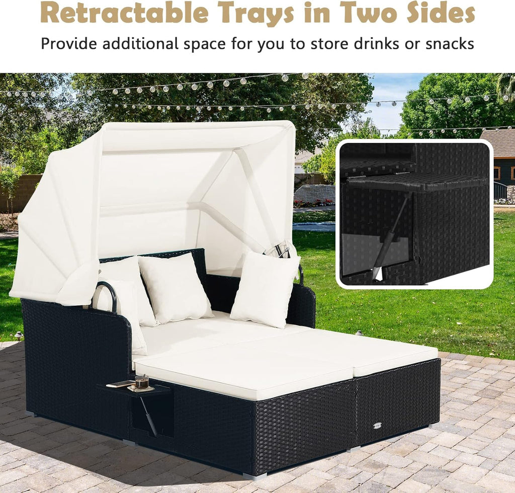 Tangkula Patio Rattan Daybed, Patiojoy Wicker Daybed Lounger w/Retractable Canopy, 2 Foldable Side Panels, Thick Seat & Back Cushions, for Garden, Backyard, Porch (Off White)