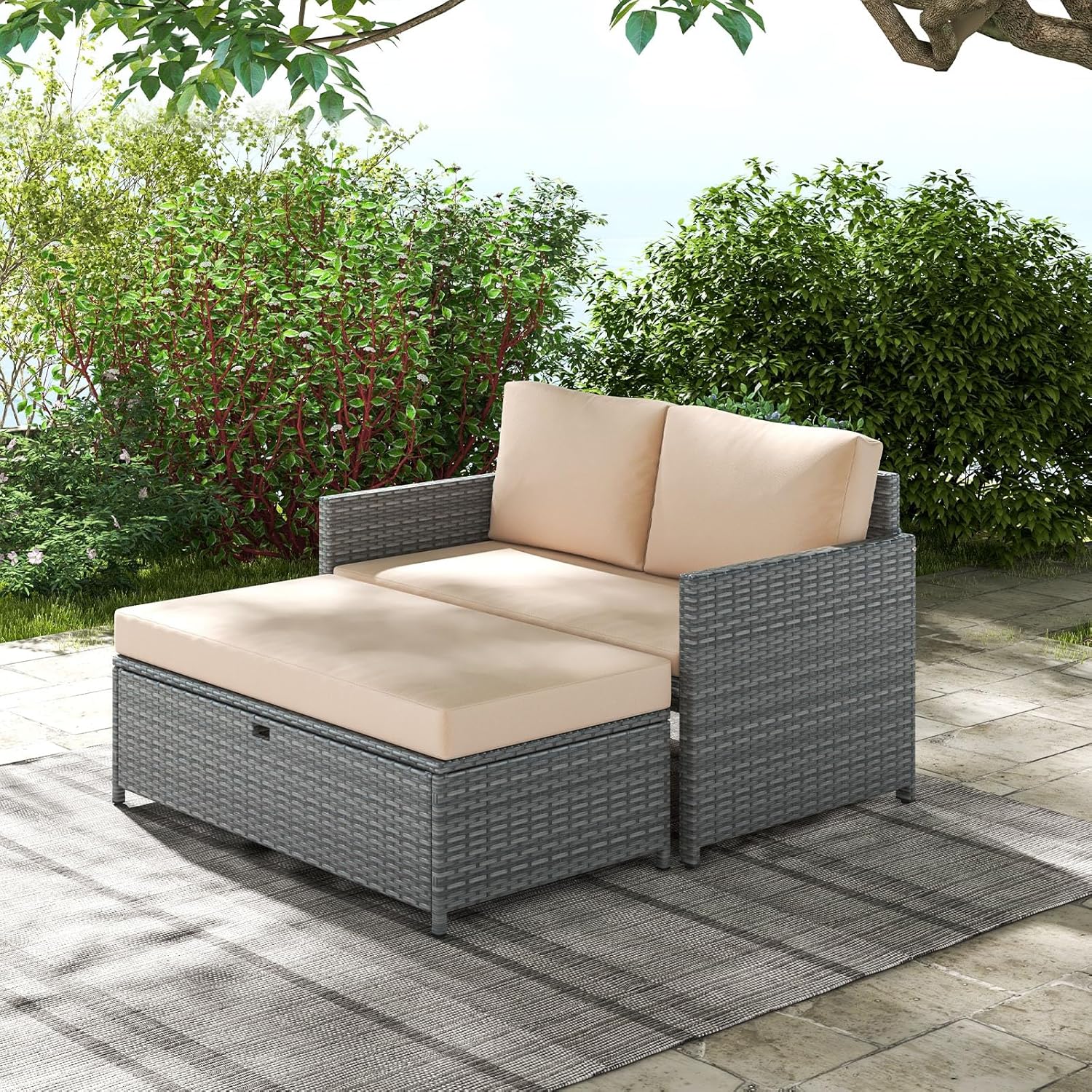 Tangkula Outdoor Rattan Daybed, Wicker Loveseat & 31 Gallon Storage Ottoman w/Soft Cushions, Space-Saving 2-Person Sun Lounger Daybed for Backyard, Porch (Beige)