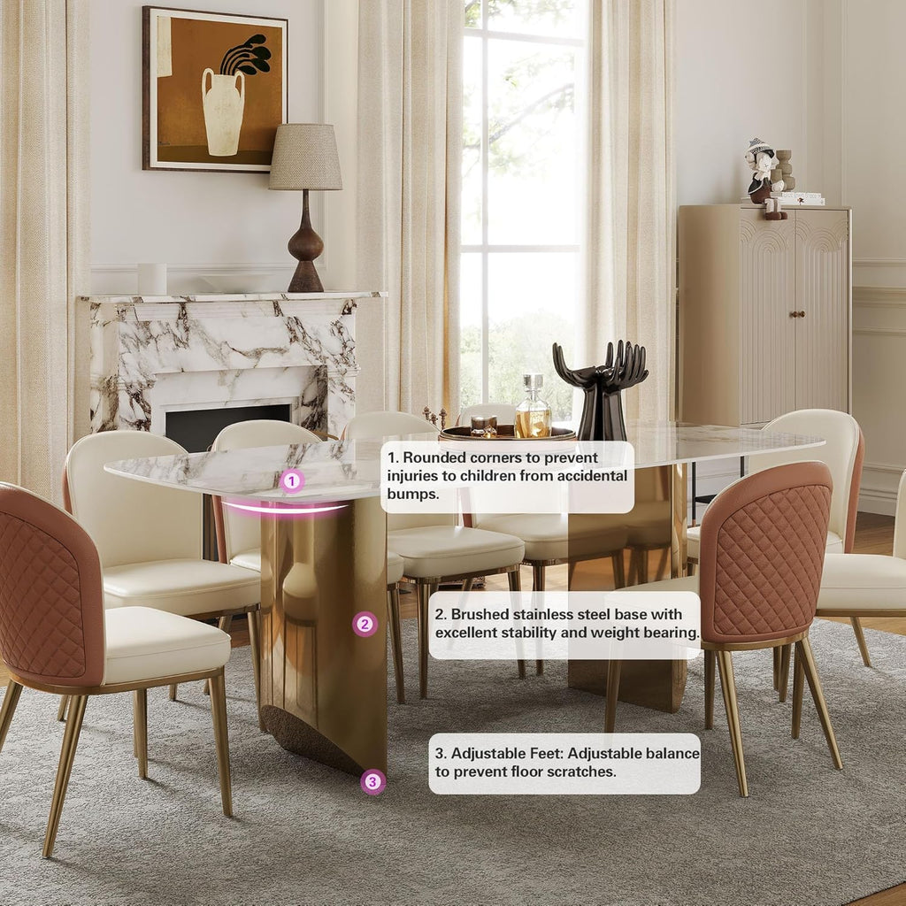 Rectangular Dining Table for 8-10 People, 79 inch Luxury Kitchen Table with Sintered Stone Tabletop and Gold Metal Base, Modern Dining Room Table for Kitchen Living Room (Table Only)