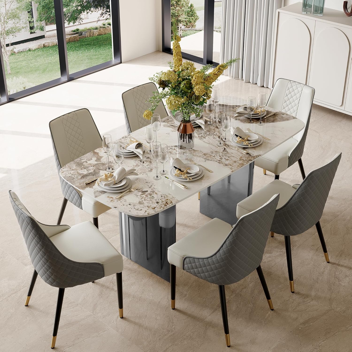 Rectangular Dining Table for 8-10 People, 79 inch Luxury Kitchen Table with Sintered Stone Tabletop and Gold Metal Base, Modern Dining Room Table for Kitchen Living Room (Table Only)