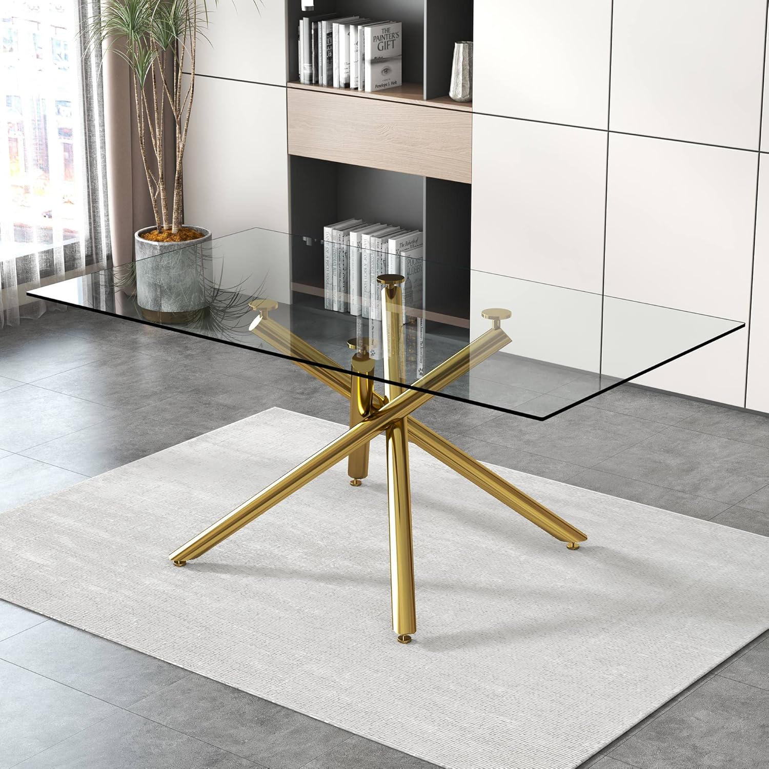 71”Faux Marble Dining Table, Dining Room Table for 6-8, Gold Kitchen Table,0.4 Thickened Marble Pattern Tempered Glass Top with Golden Rectangular Base