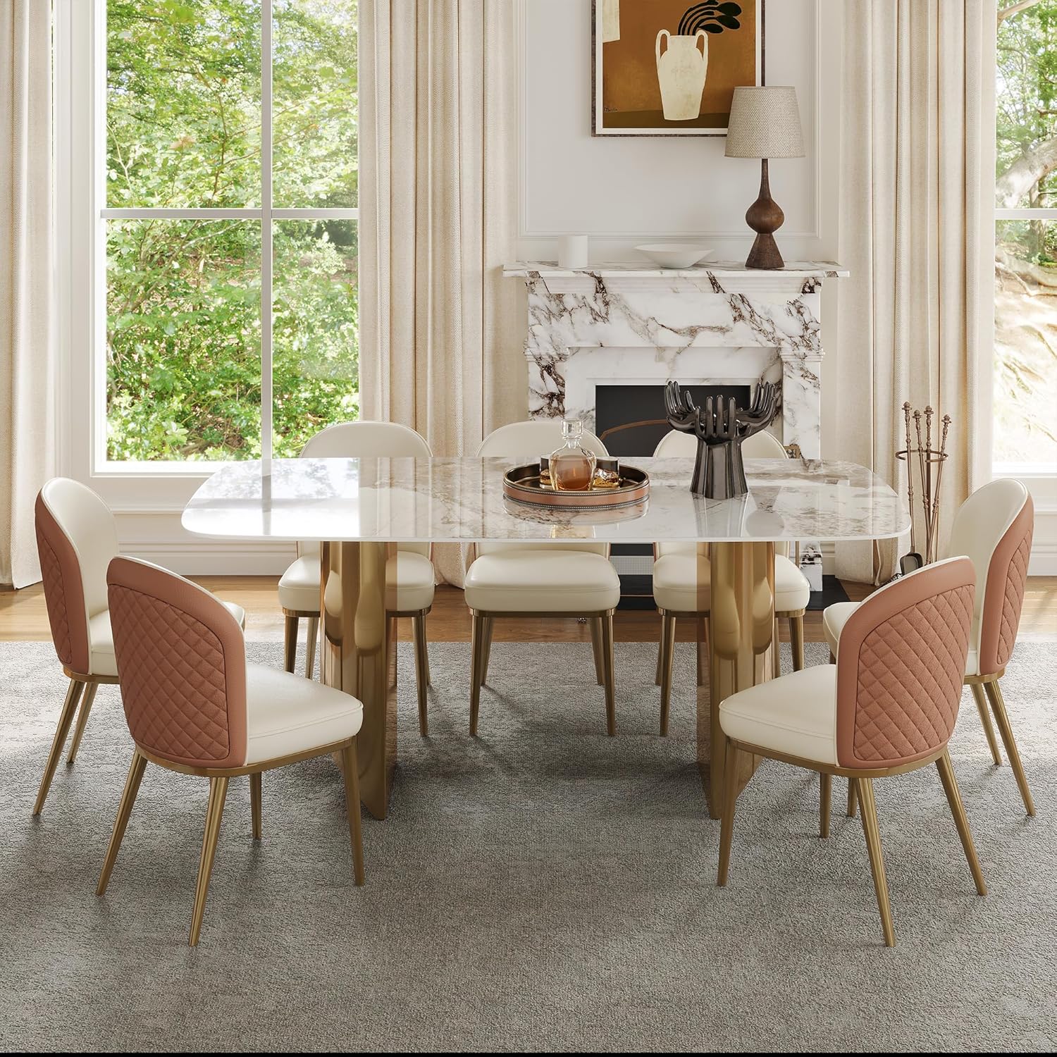 Rectangular Dining Table for 8-10 People, 79 inch Luxury Kitchen Table with Sintered Stone Tabletop and Gold Metal Base, Modern Dining Room Table for Kitchen Living Room (Table Only)